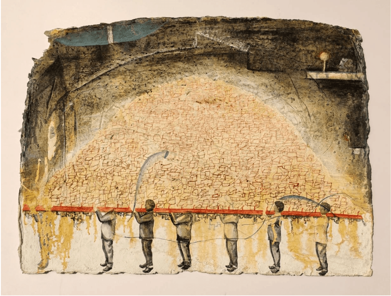 herd of sheep on road painting