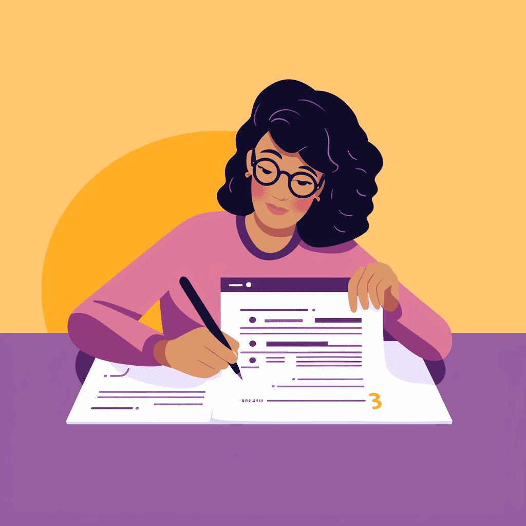 A woman intently writing on a document.