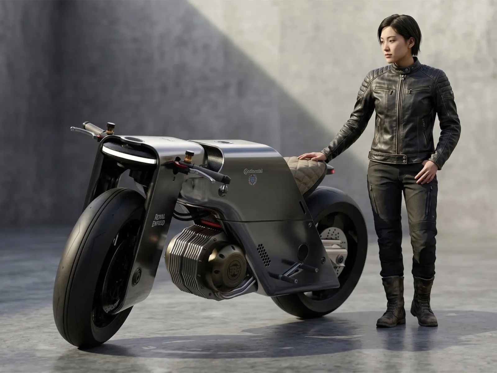A person in a black leather jacket and pants stands beside a futuristic, silver electric motorcycle in an industrial setting, showcasing advanced automotive design and innovation.