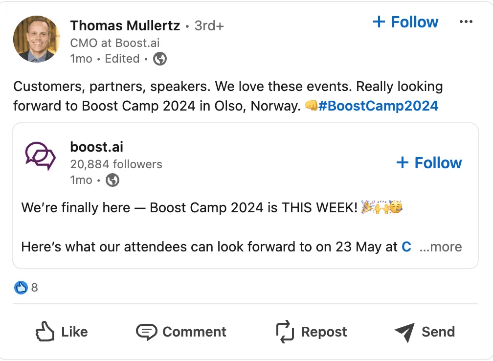 Boost.ai Marketing Spotlight: Thomar Mullertz Linkedin post 2