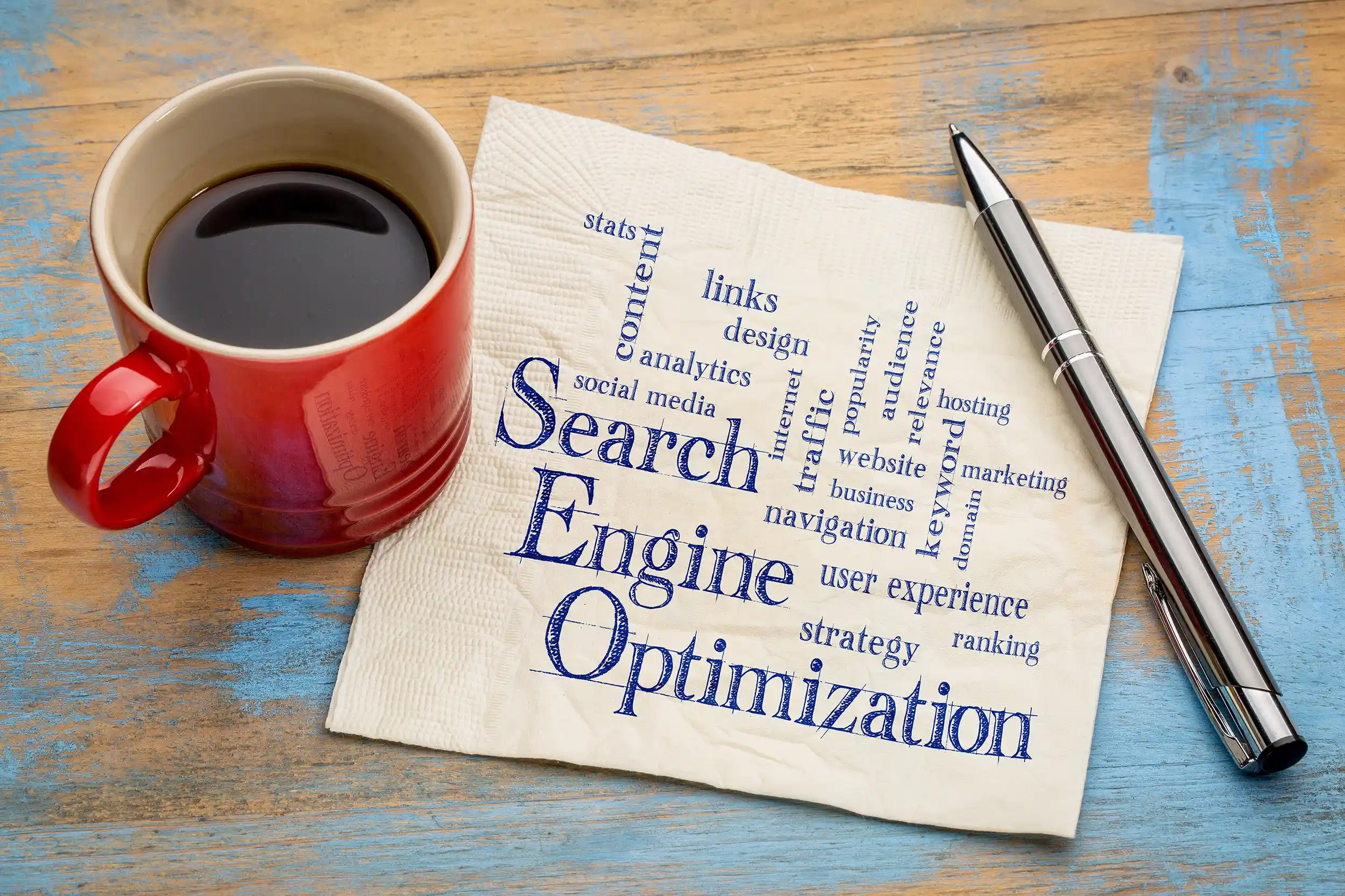 Coffee cup and napkin with SEO terms