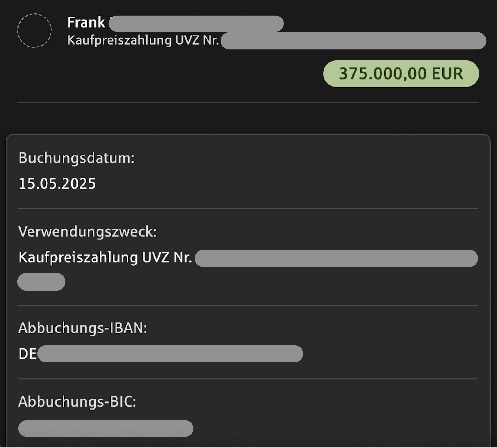 Überweisung €375.000
