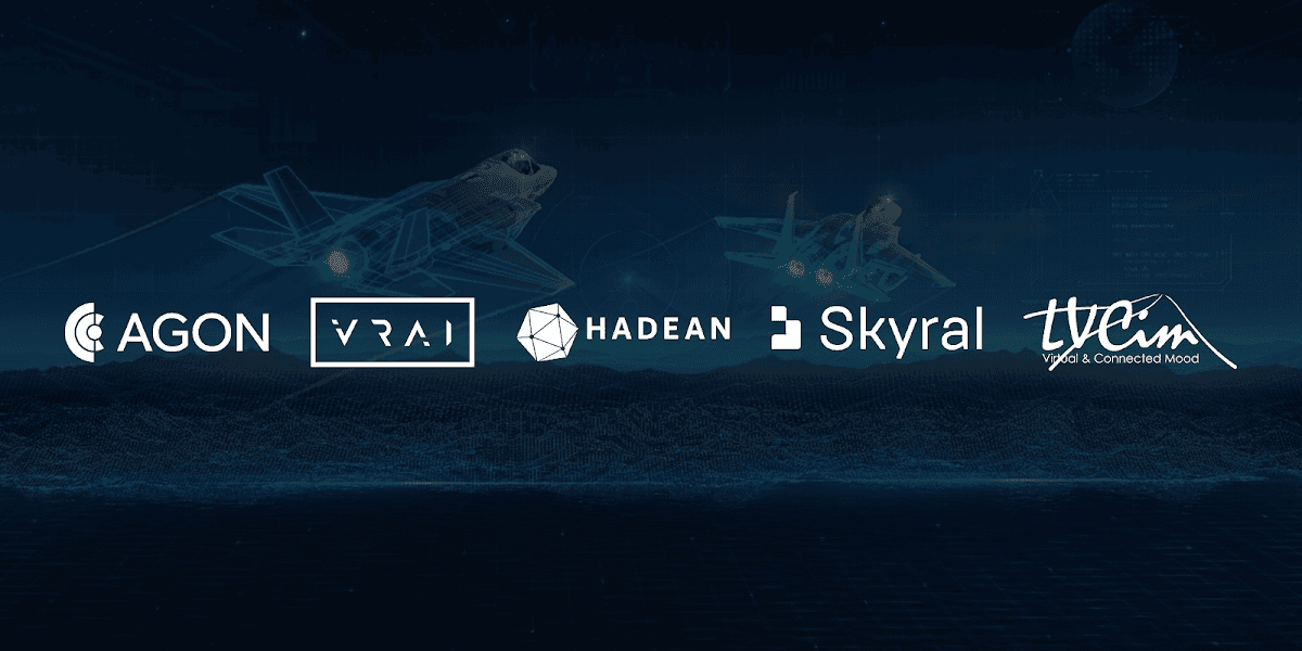 Agon, VRAI, Hadean, Skyral and LVCim logos over a defence simulation background