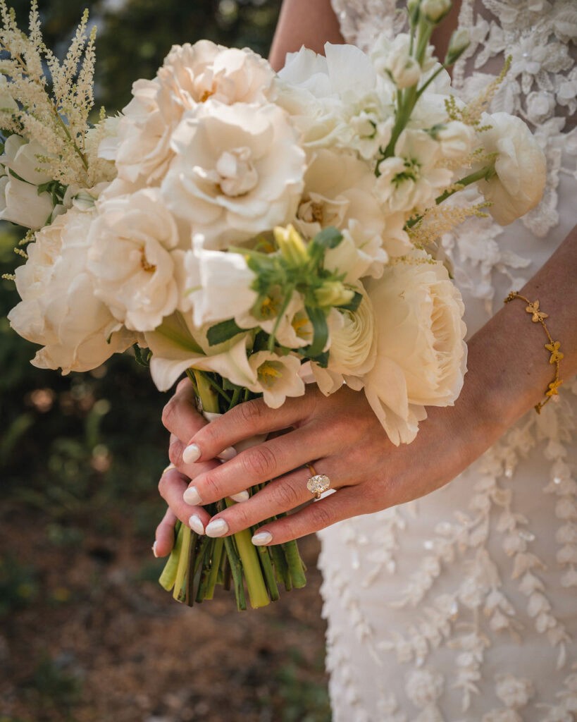 Bridal bouquet detail at Smith Cabin Aspen wedding featuring soft neutral florals
