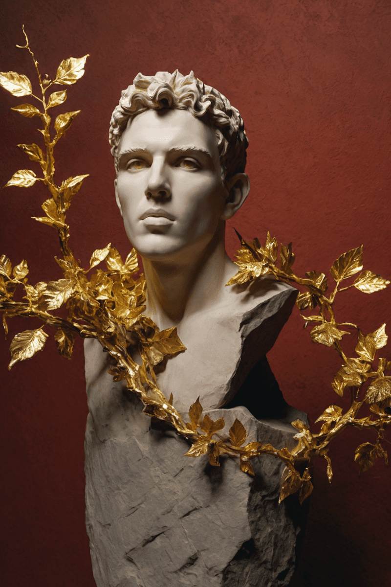 A marble bust of a male figure adorned with a golden laurel branch against a dark red background.
