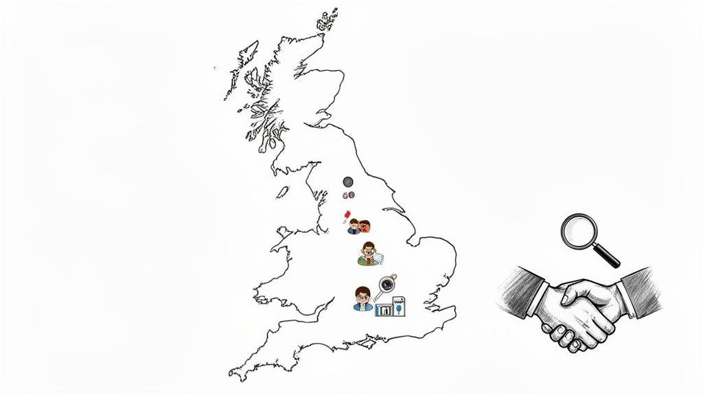 An illustrated map of the UK featuring business icons, a magnifying glass, and a handshake symbolizing research and collaboration.