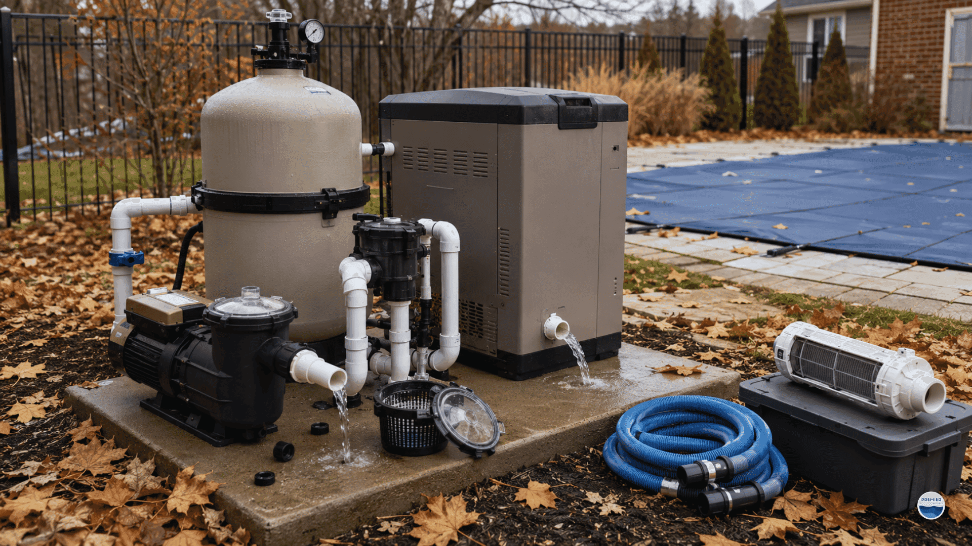 Preparing pool equipment for winter including pump filter and heater