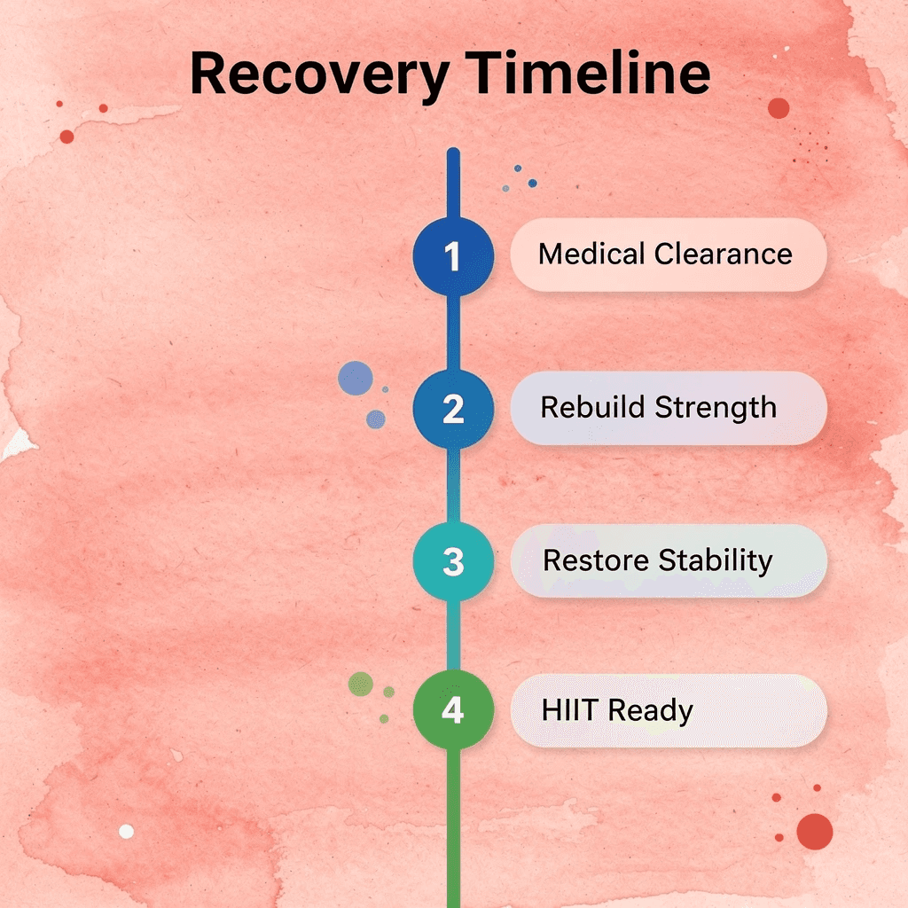 Four-step recovery timeline from clearance to HIIT readiness