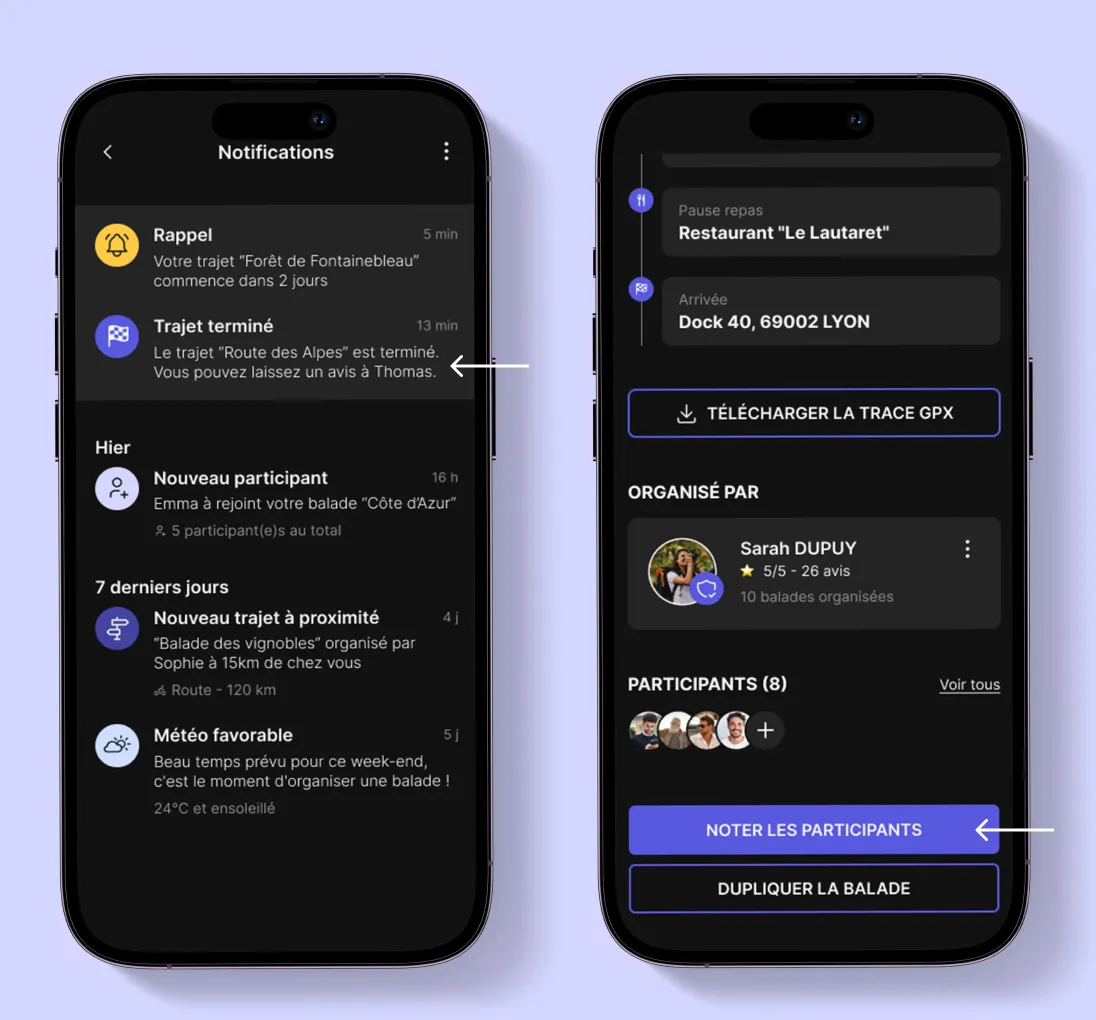 Profil utilisateur On Wheels avec note moyenne et accès aux avis laissés