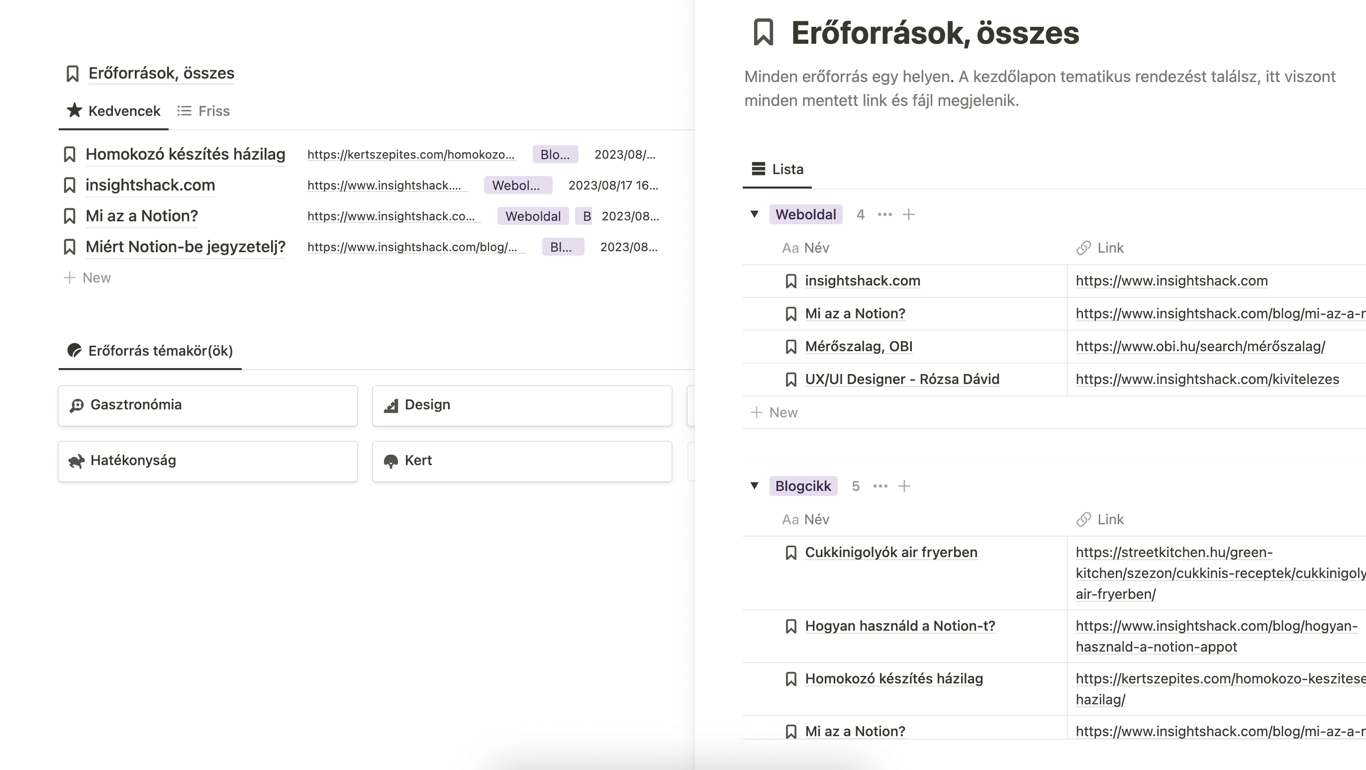 Kedvencként mentett weboldalak és témakörök a Notion Navigátor sablonban.