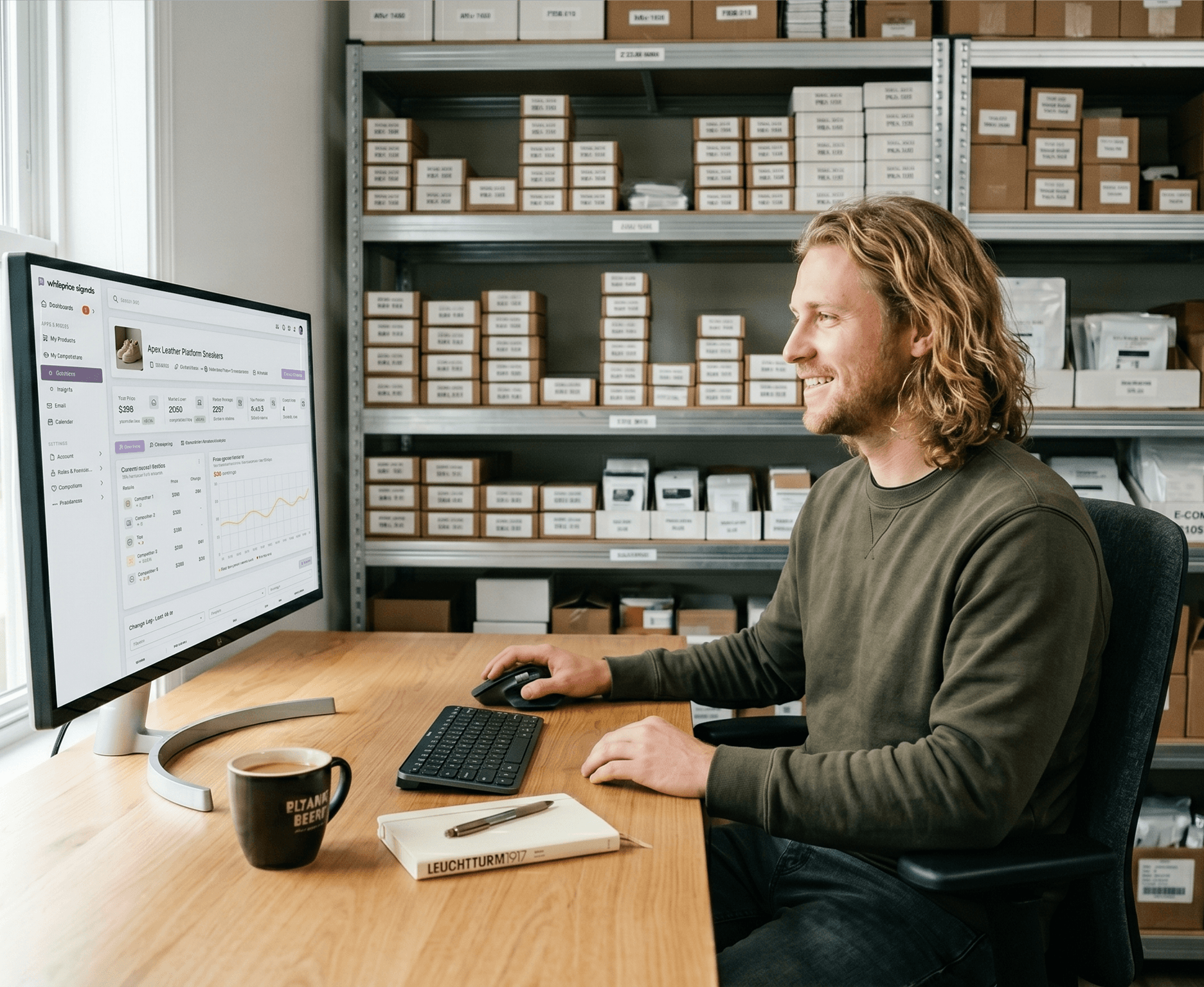 A smiling woman looks at her phone, checking her Whisprice smart wishlist, which shows a price drop for a pair of headphones and a price increase for a set of bowls.
