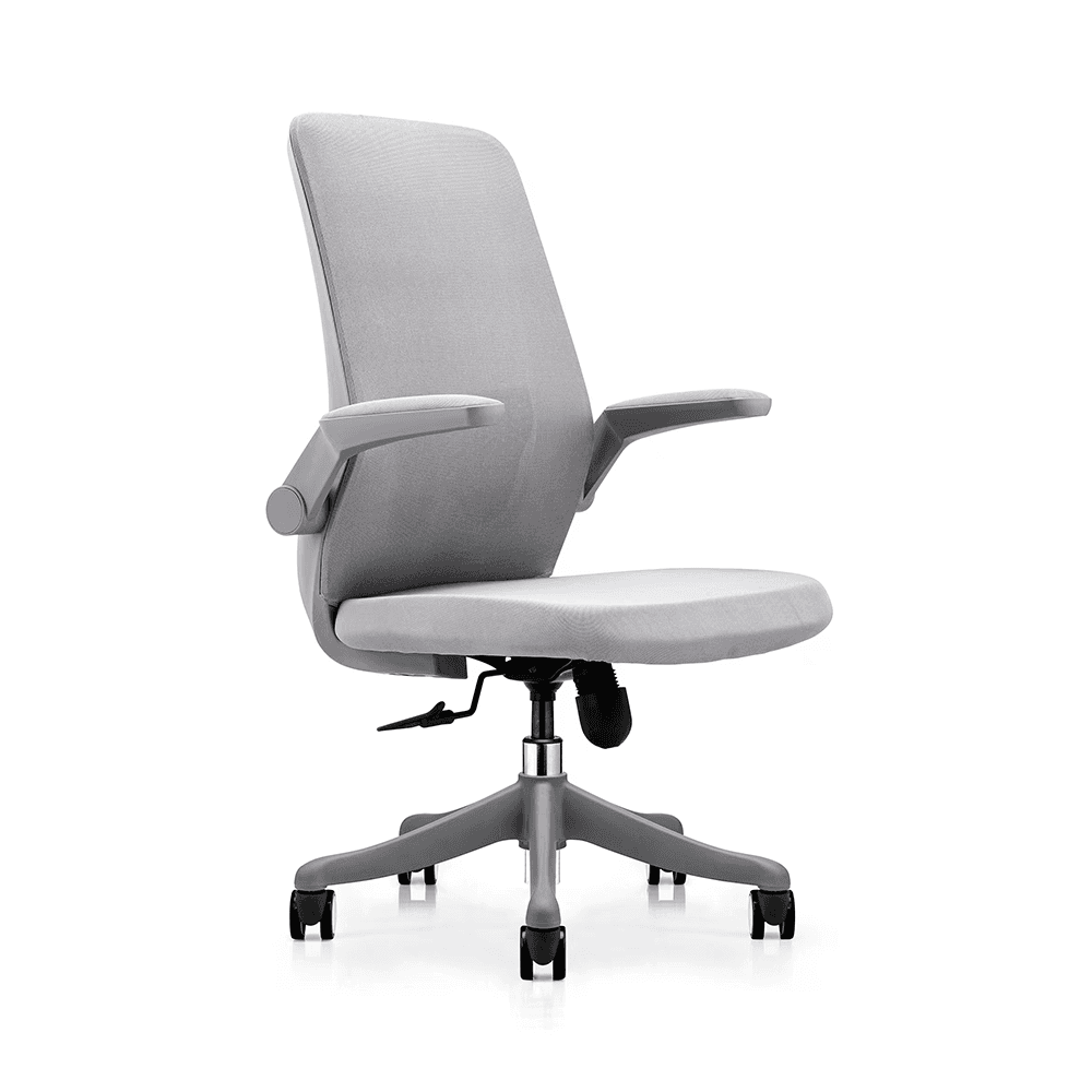 Three-quarter front view of a grey mid-back office chair showcasing the minimalist design, flip-up armrests, and pneumatic height adjustment lever.