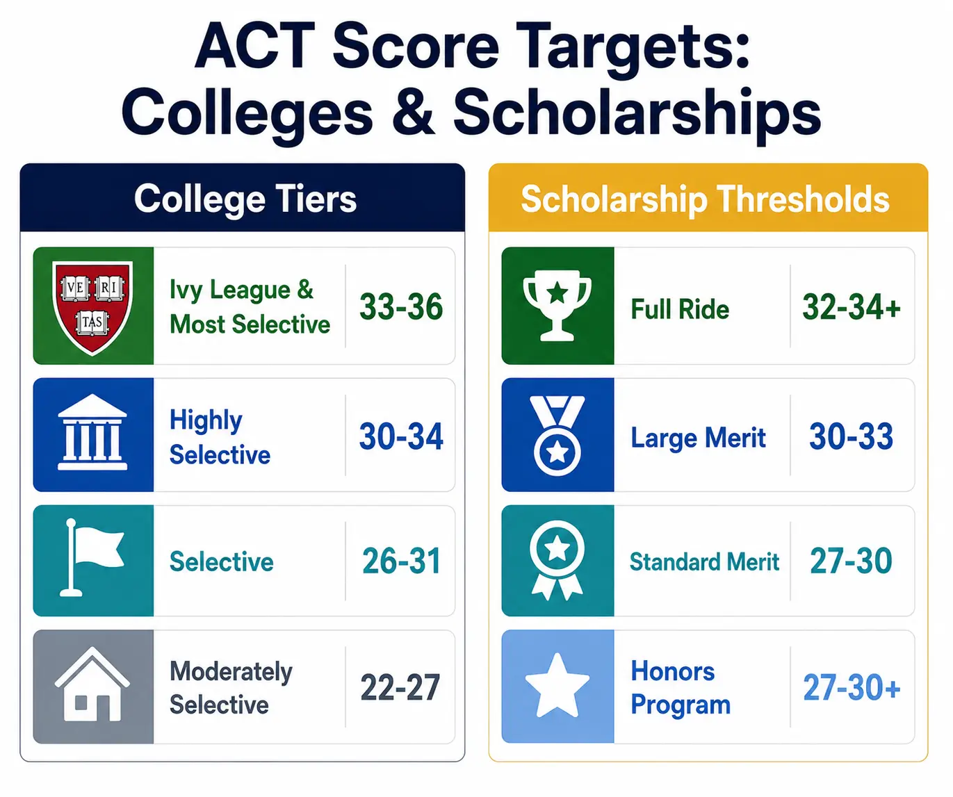 ACT score targets by college tier and scholarship level showing Ivy League, selective, and merit aid thresholds for 2026 admissions planning.