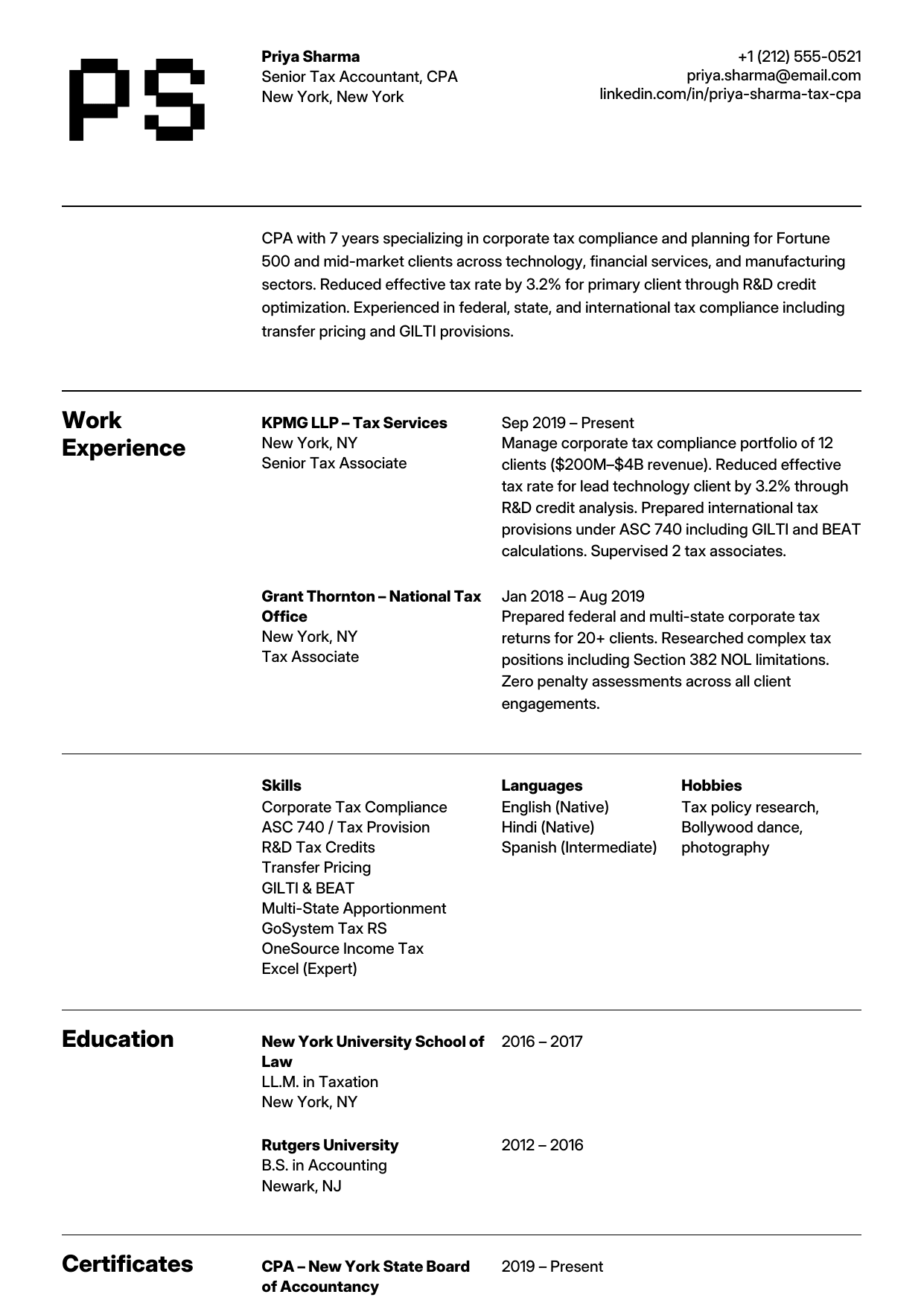 Tax accountant resume example