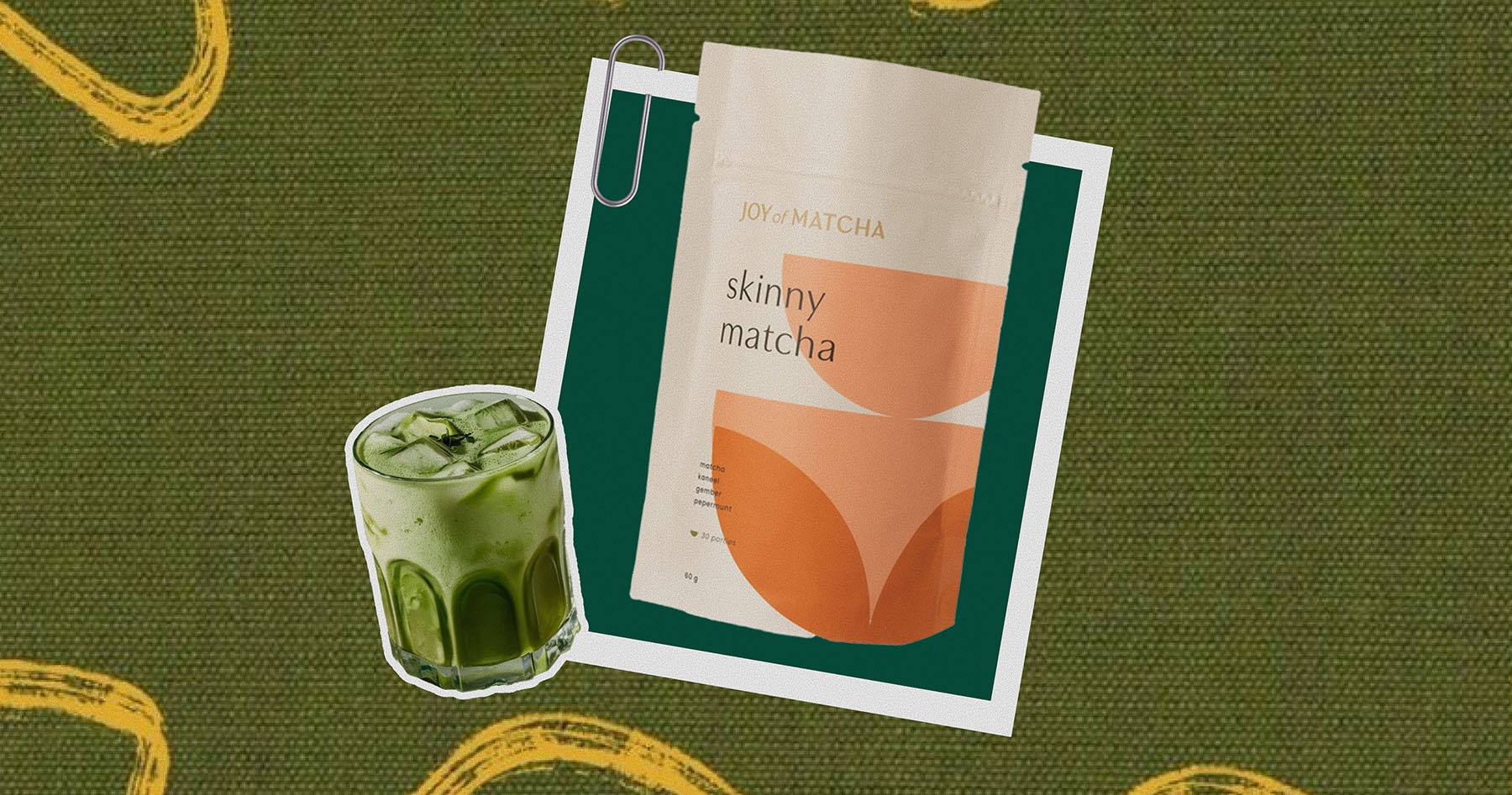 Joy of Matcha "Skinny Matcha" packet and a glass of iced matcha latte, ideal for wellness-themed corporate gifts.