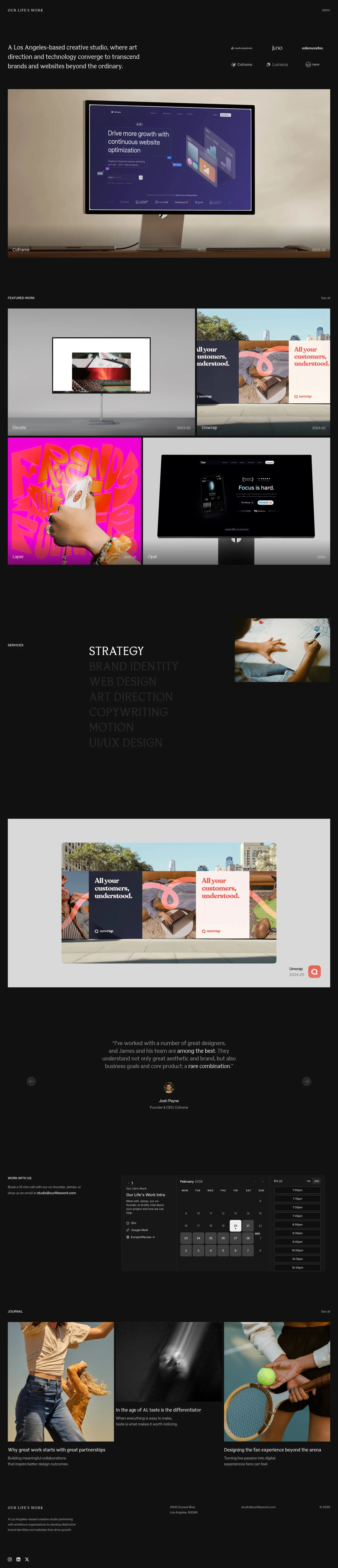 Our Life's Work ® – Global design studio portfolio page screenshot showcasing Advertising and Design design