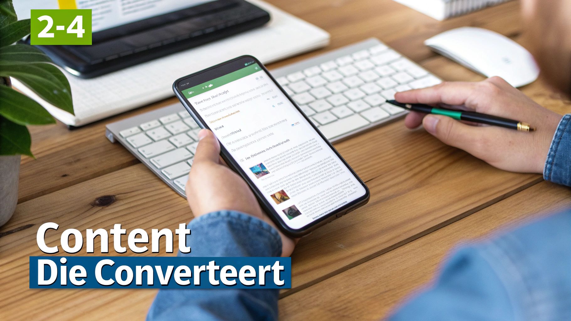 Een persoon houdt een smartphone en een pen vast aan een houten bureau met een toetsenbord en muis.