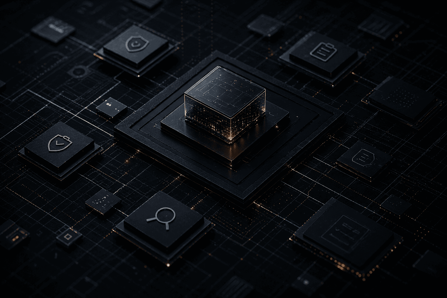 Abstract dark-mode system grid with a glowing central cube and connected modular panels, representing policy-aware execution, governed control layers, and traceable enterprise infrastructure.