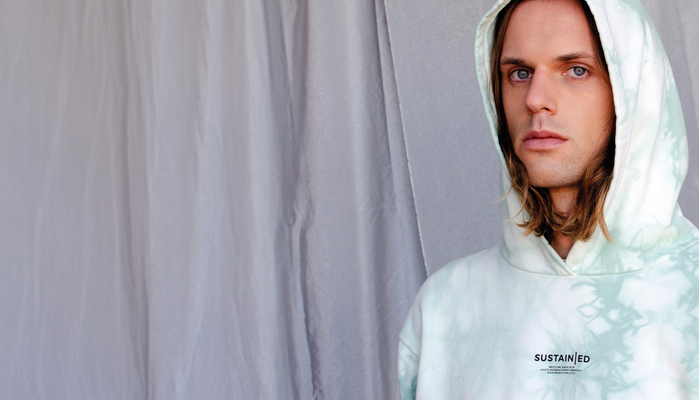Copenhagen Projekt sustainable menswear campaign, mint tie-dye recycled cotton oversized hoodie, circular fashion editorial