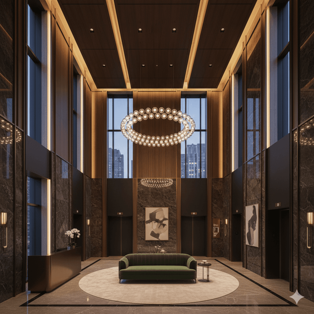 Elegant double-height residential lobby with chandeliers and dark wood accents, exclusive entry in Noida
