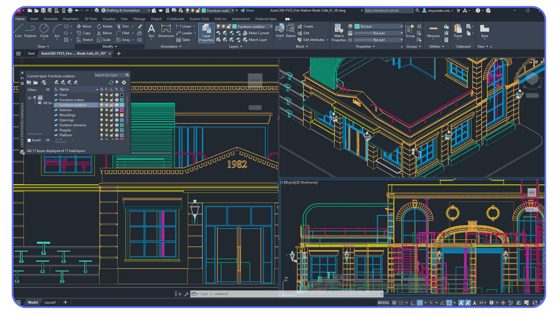 Detailed AutoCAD 2025 interface displaying multiple viewports of a 3D building model with layer management, emphasizing smooth viewport performance.