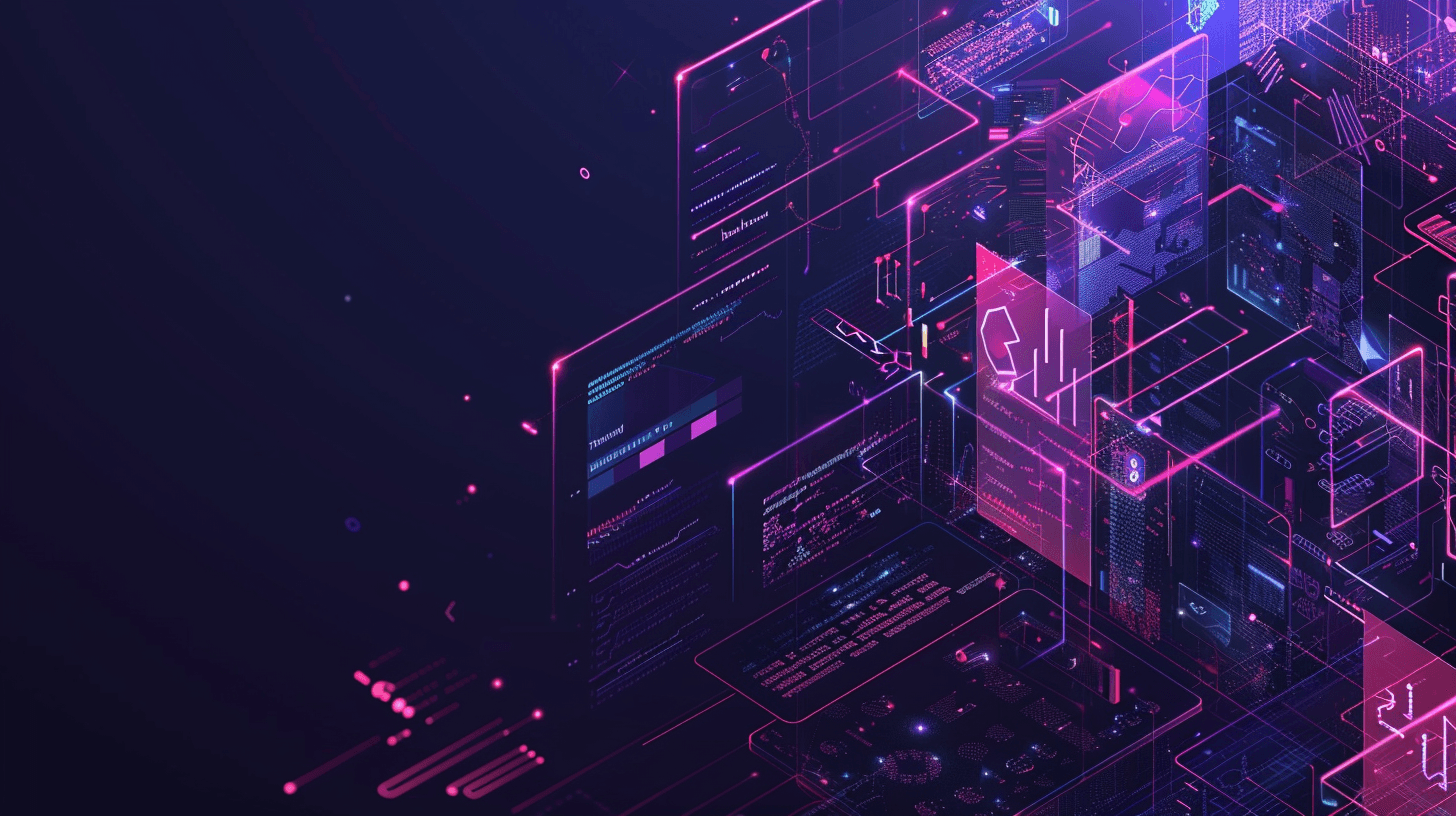 VOX One Studio tech stack visualization futuristic digital landscape neon pink and purple holographic UI elements floating code snippets data streams interconnected networks cybersecurity concept modern web development technologies