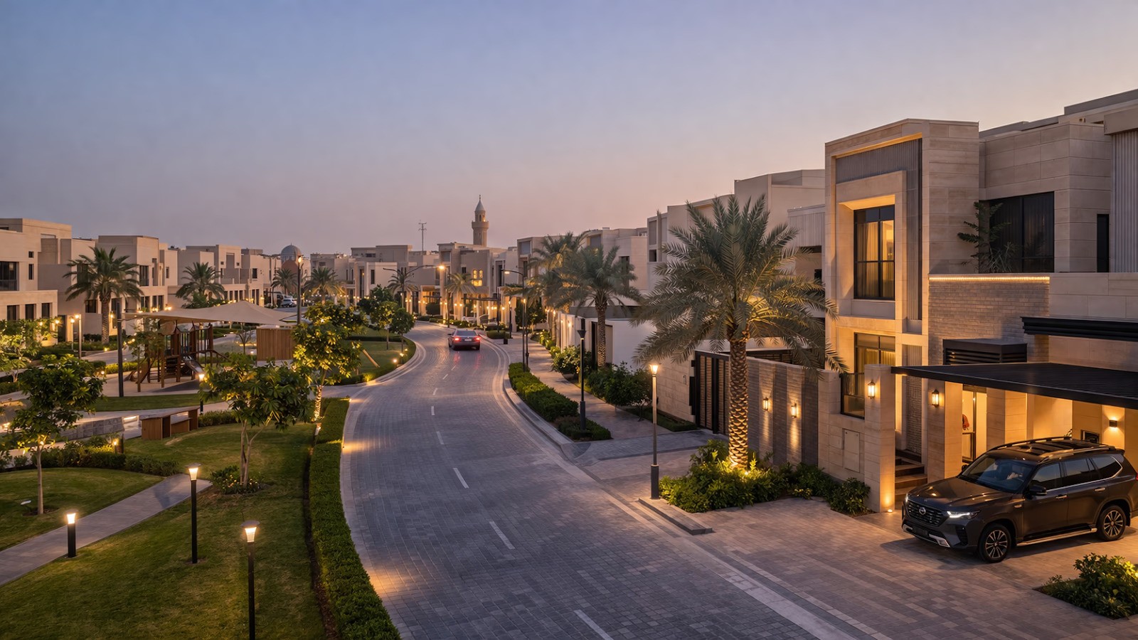 فيلات فاخرة في منتجع بالرياض تتميز بهندسة معمارية حديثة ومناظر طبيعية خضراء، تعكس أجواء حي حطين.