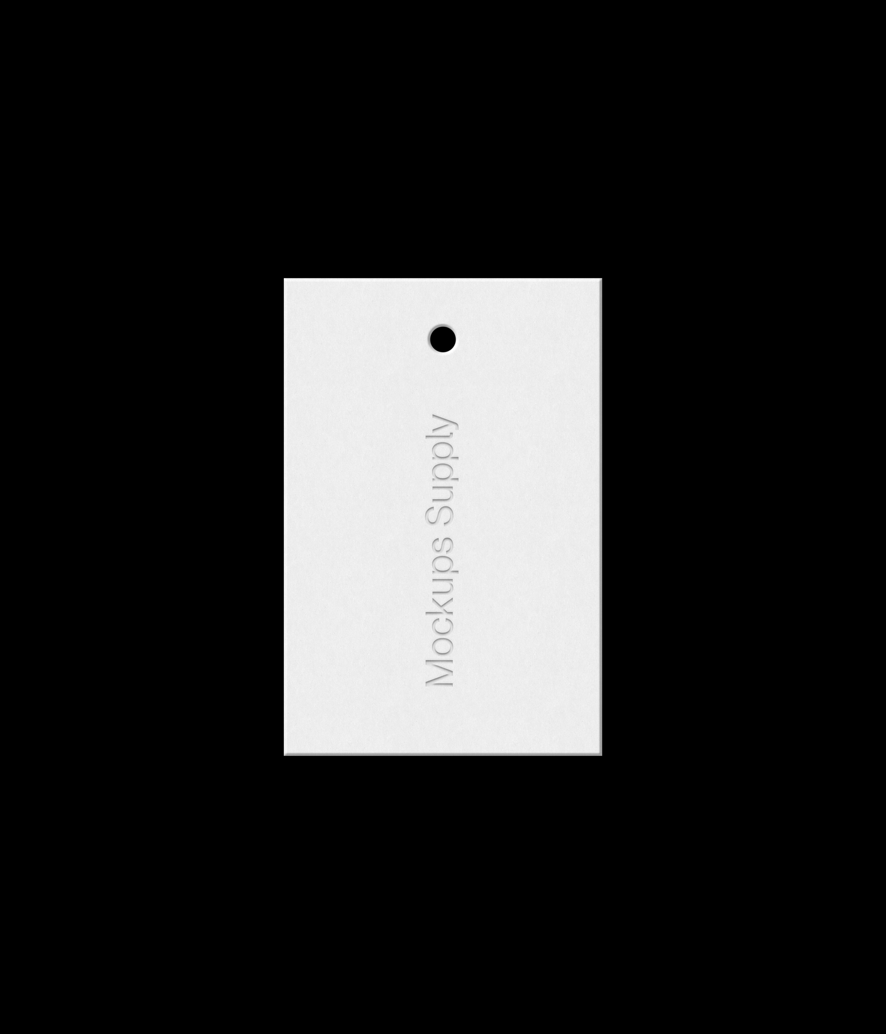 White 2x3 hang tag mockup on black background with realistic debossed logo effect for Photoshop download psd