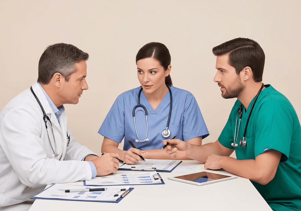 Three healthcare professionals, two men and one woman, sit at a table discussing documents. They wear scrubs and a lab coat, conveying teamwork.