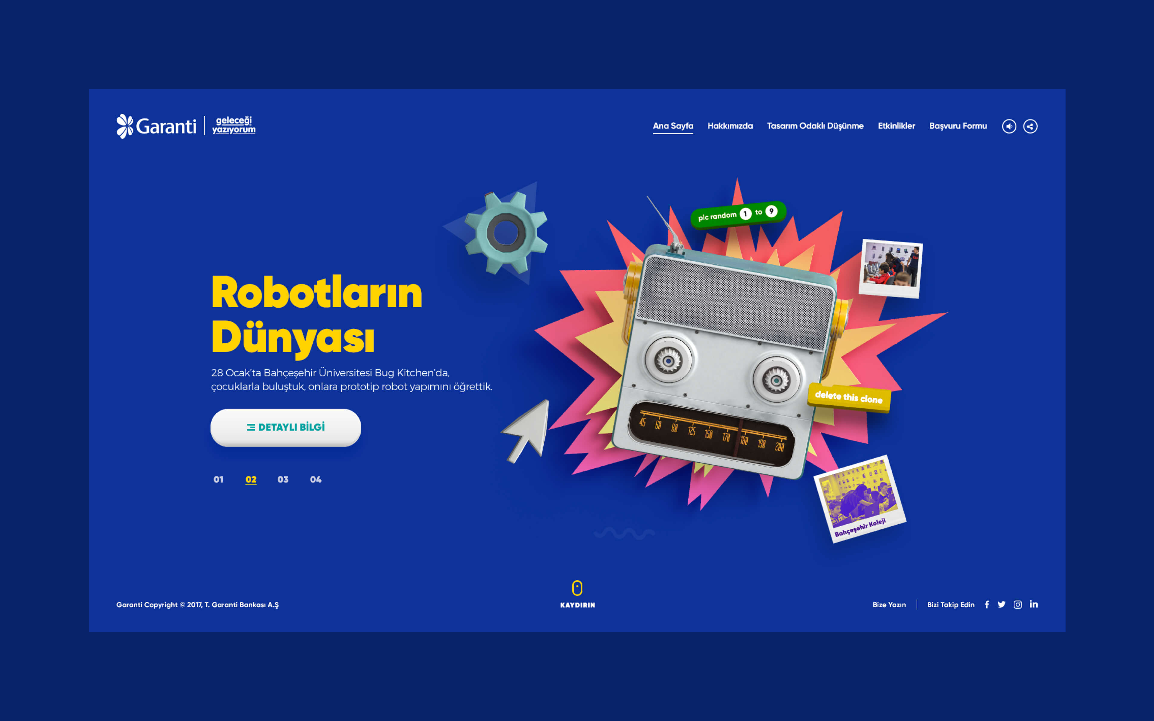 Garanti BBVA ‘Future Here’ microsite with robot illustration and event info for children’s prototype robotics and design thinking workshop.