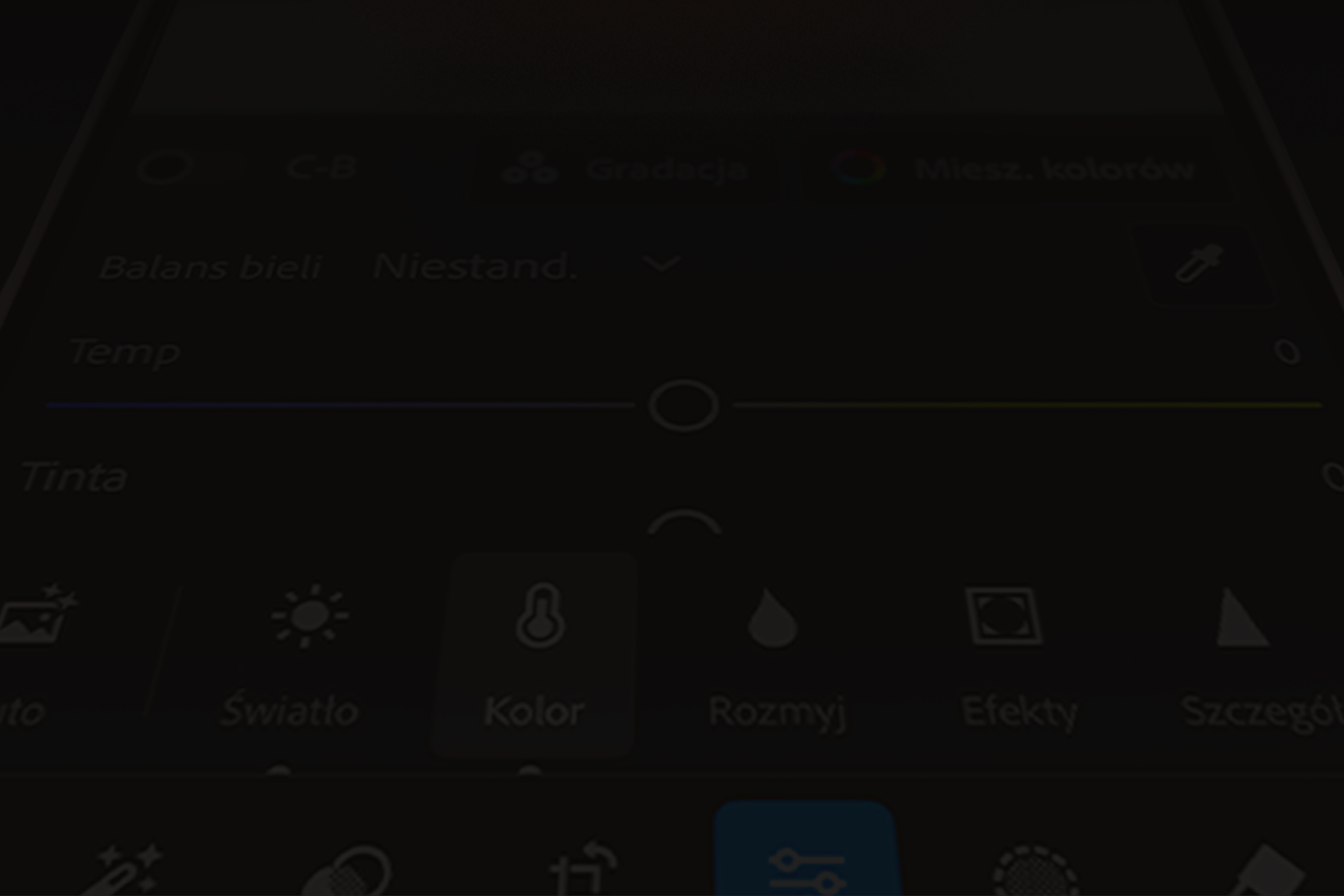 Fotografia przedstawiajaca dłoń trzymającą zbliżenie na panel funkcji aplikacji Lightroom mobile