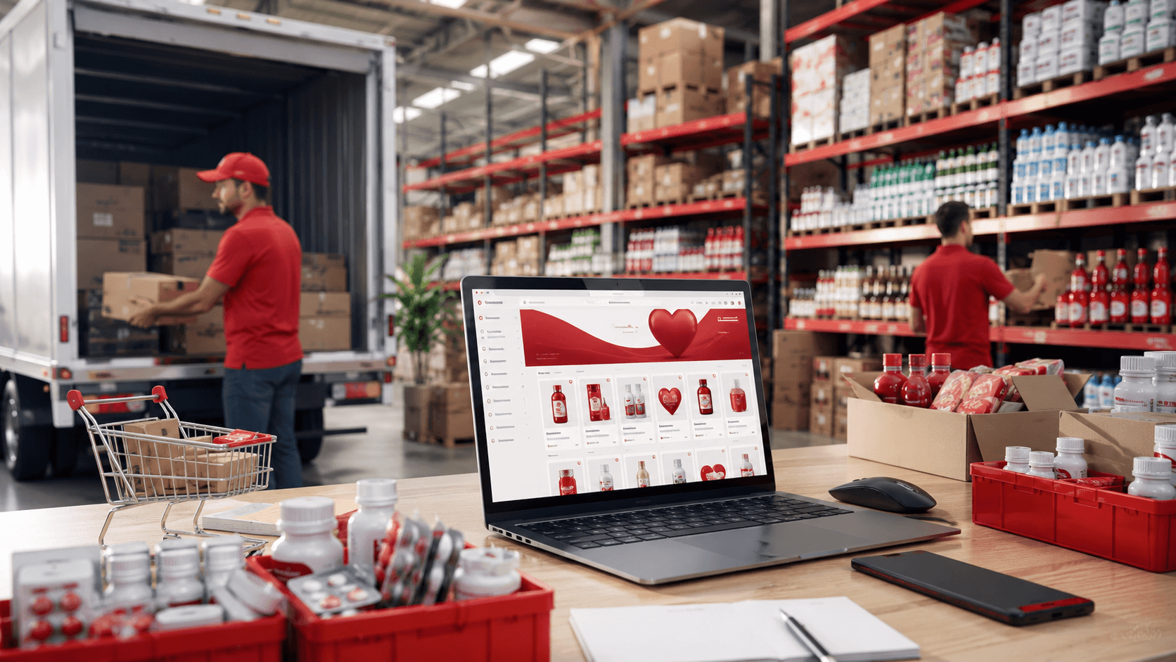 Cena realista em 3D de um centro de distribuição moderno com produtos alimentícios e farmacêuticos organizados em grandes prateleiras. Em primeiro plano, uma mesa com notebook exibindo um portal B2B com elementos visuais vermelhos de campanha sazonal, cercado por caixas de medicamentos e alimentos. Ao fundo, funcionários em uniforme vermelho carregam mercadorias em um caminhão de entrega dentro do armazém, transmitindo a ideia de operação logística, campanhas comerciais e aumento de pedidos no setor B2B.