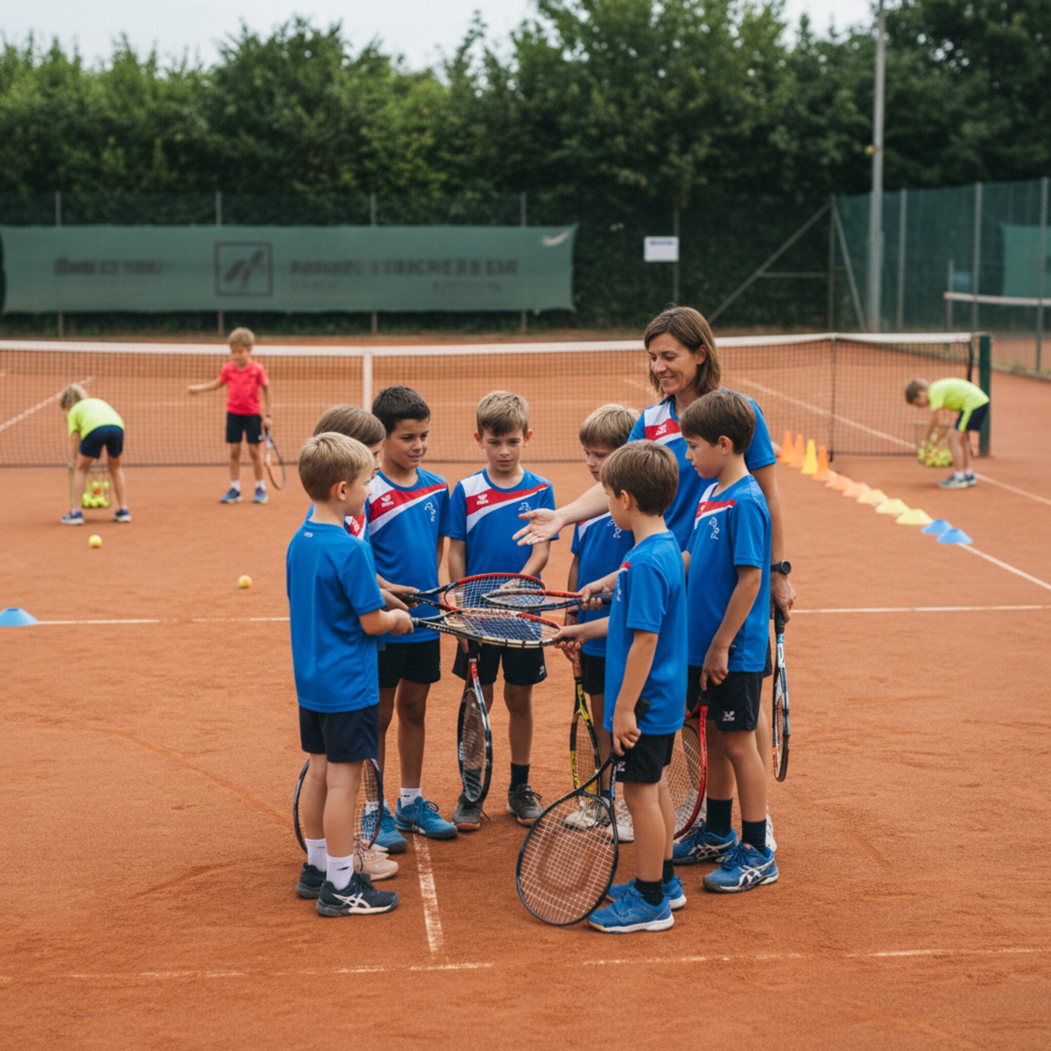 Ein Jugendteam im Vereinsoutfit bildet einen Kreis am Netz, die Schläger berühren sich in der Mitte. Ein Coach lächelt und zeigt auf markierte Hütchen, bereit für die nächste Übung. Auf dem Nachbarplatz sammeln Kinder Bälle mit Körben, der Himmel ist leicht bewölkt.
