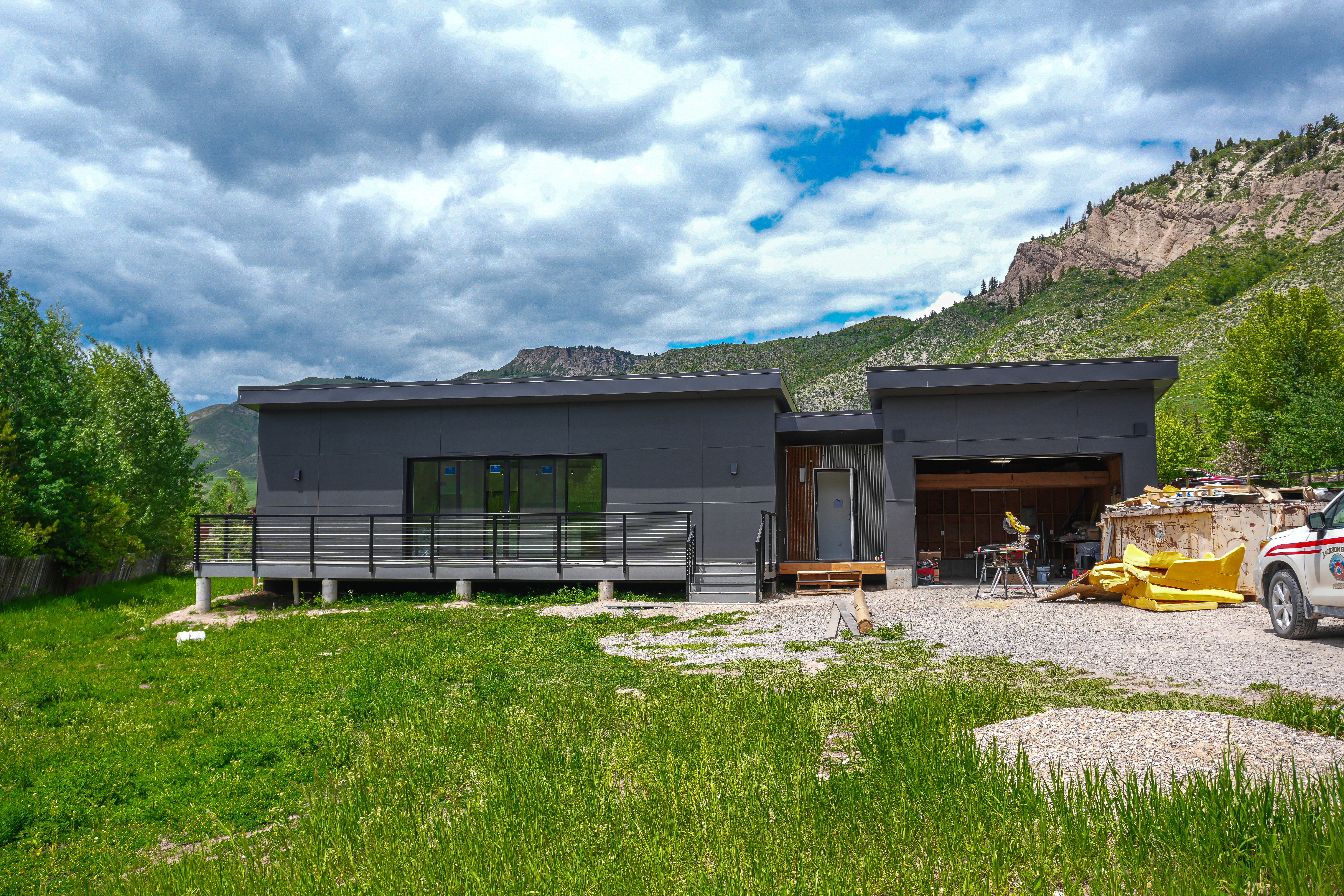 A modular home with a garage attached in Jackson Wyoming.