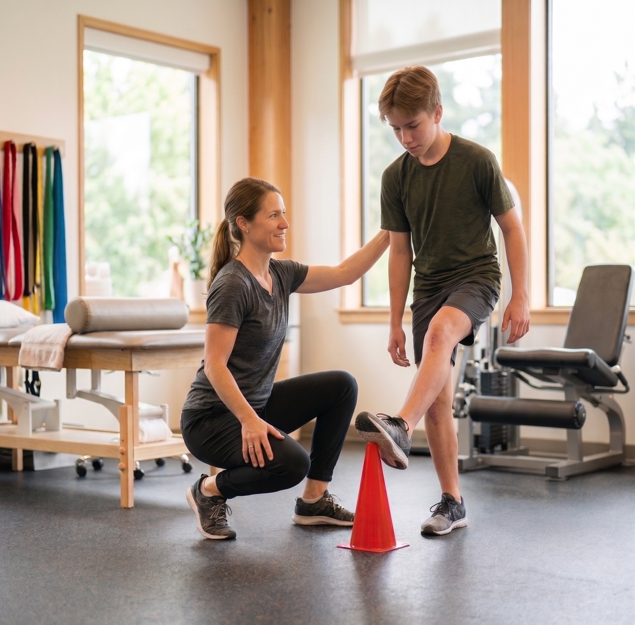 Teenager doing balance drill during ACL rehab