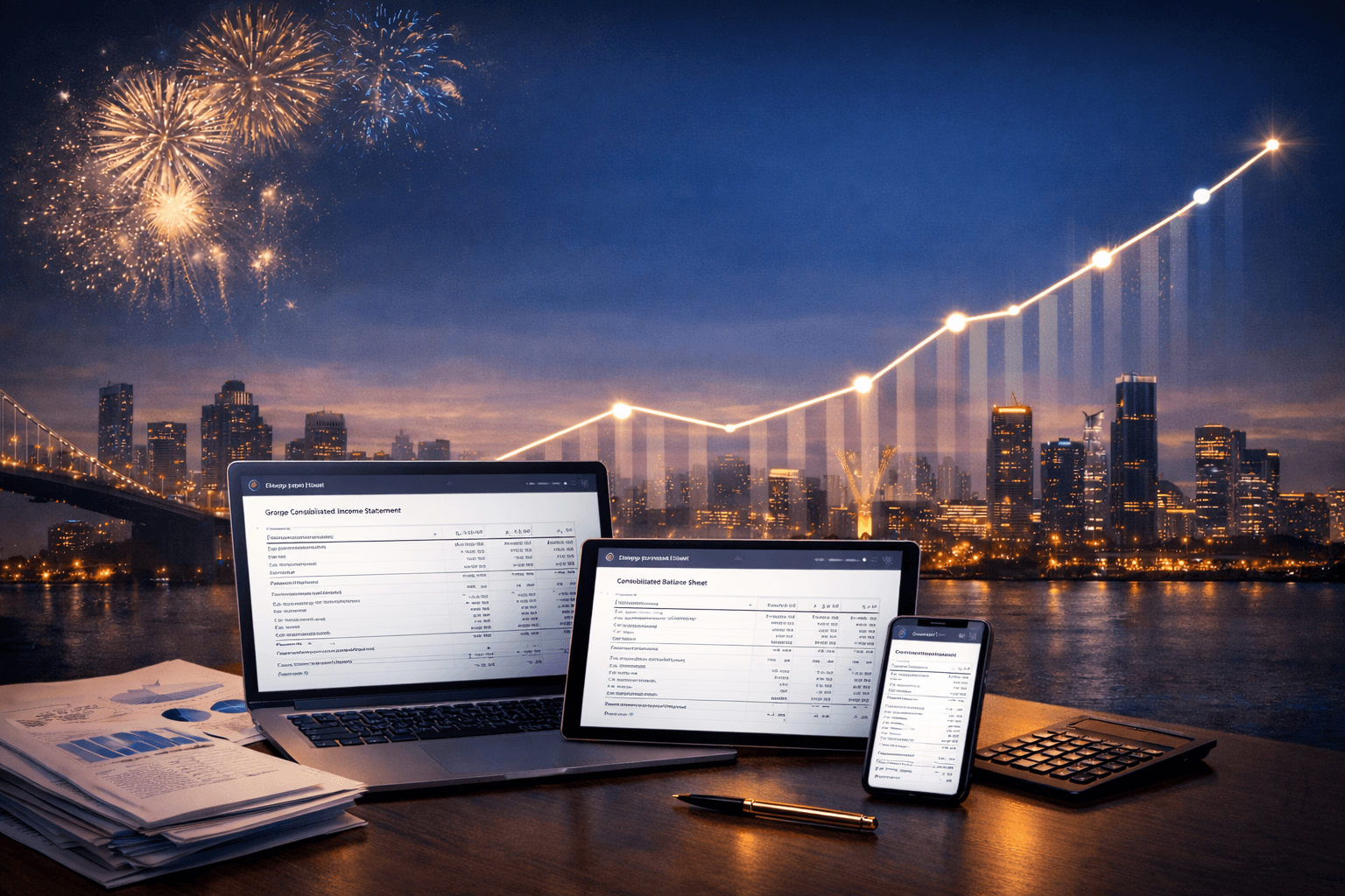 Modern financial workspace at night with laptop, tablet, and smartphone displaying consolidated financial reports, overlooking a city skyline with fireworks, symbolizing a new year and continuous group reporting.