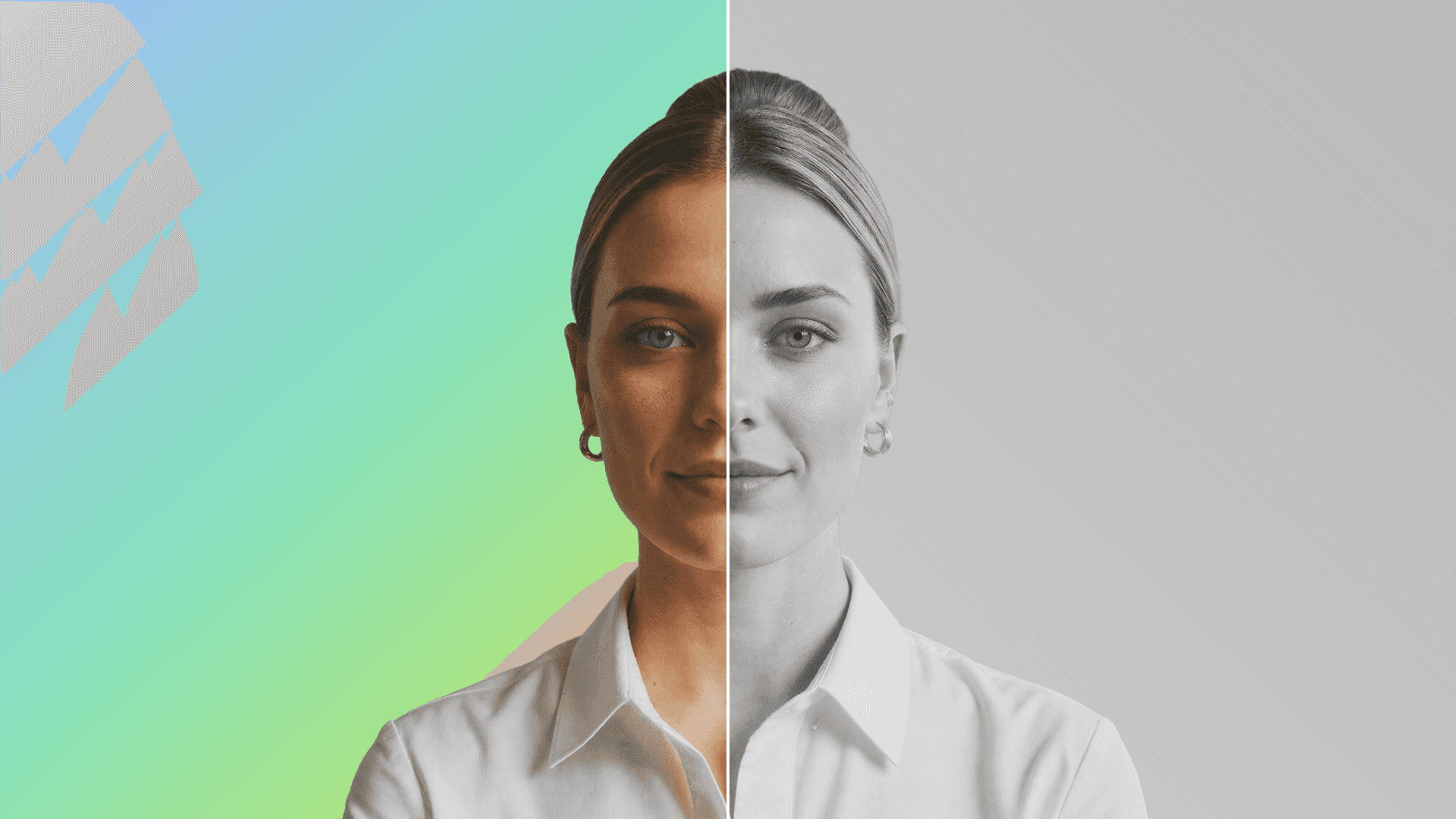  Retrato de uma mulher de cabelo preso e camisa branca, com o rosto dividido ao meio: metade colorida sobre fundo verde e metade em preto e branco sobre fundo cinza, representando o equilíbrio entre tecnologia e cuidado humano na gestão de clínicas com a Tivita.