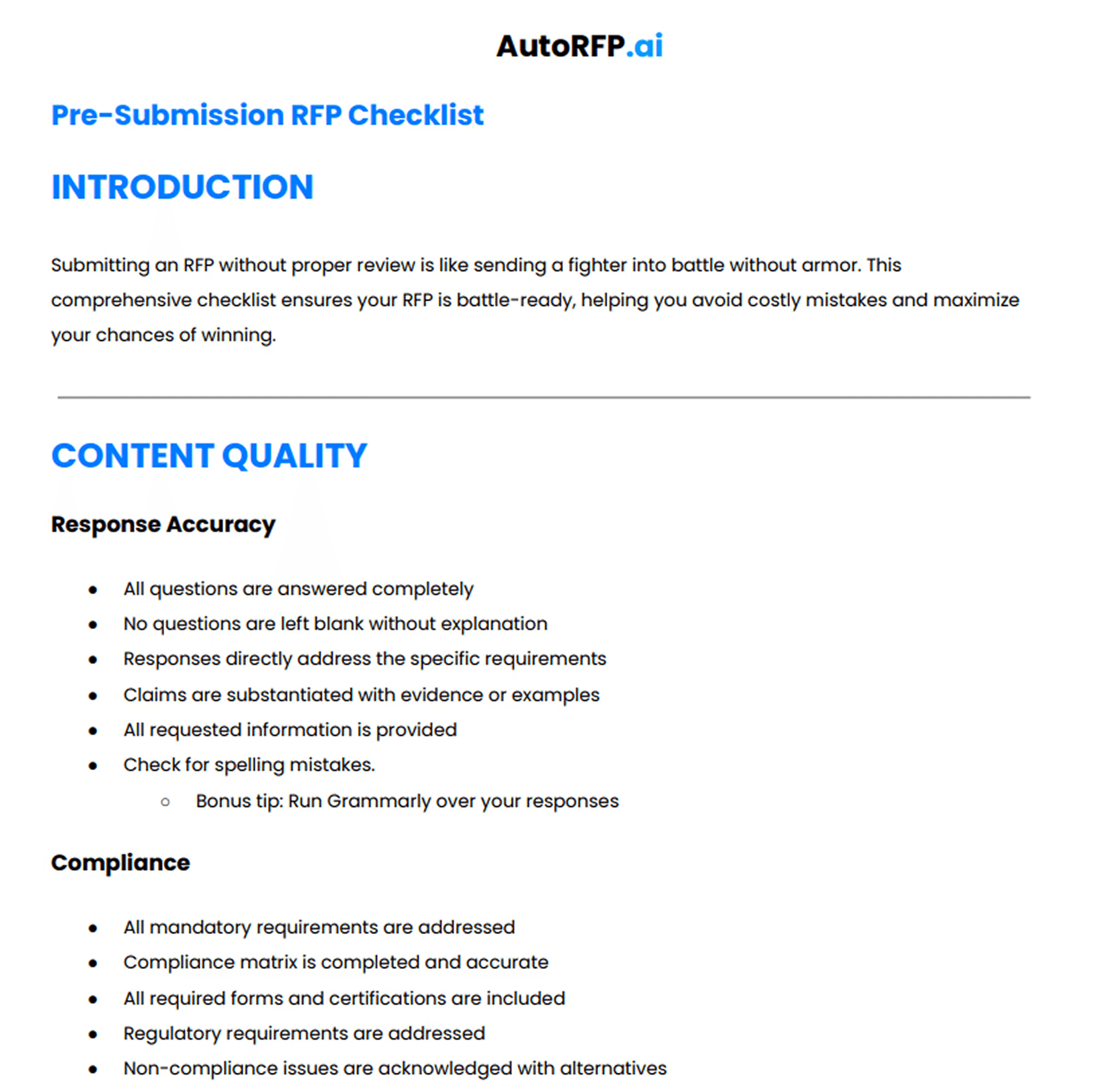 Preview of the AutoRFP.ai pre-submission RFP checklist