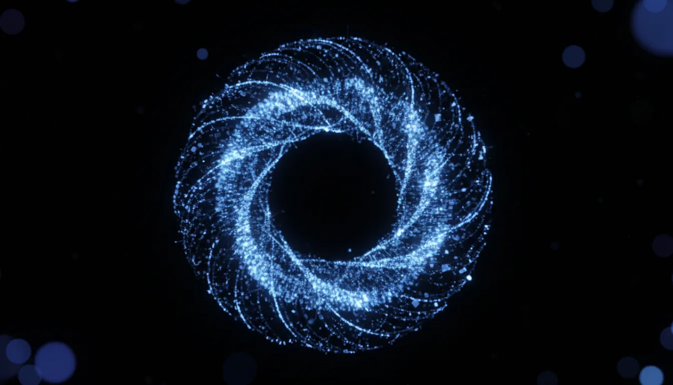 3D render of a swirling digital vortex, an abstract data visualization representing virtual reality, composed of glowing blue light trails and luminous data nodes, twisting in a toroidal shape against a solid black background, Blender style, soft global illumination, shallow depth of field, bokeh, high contrast.