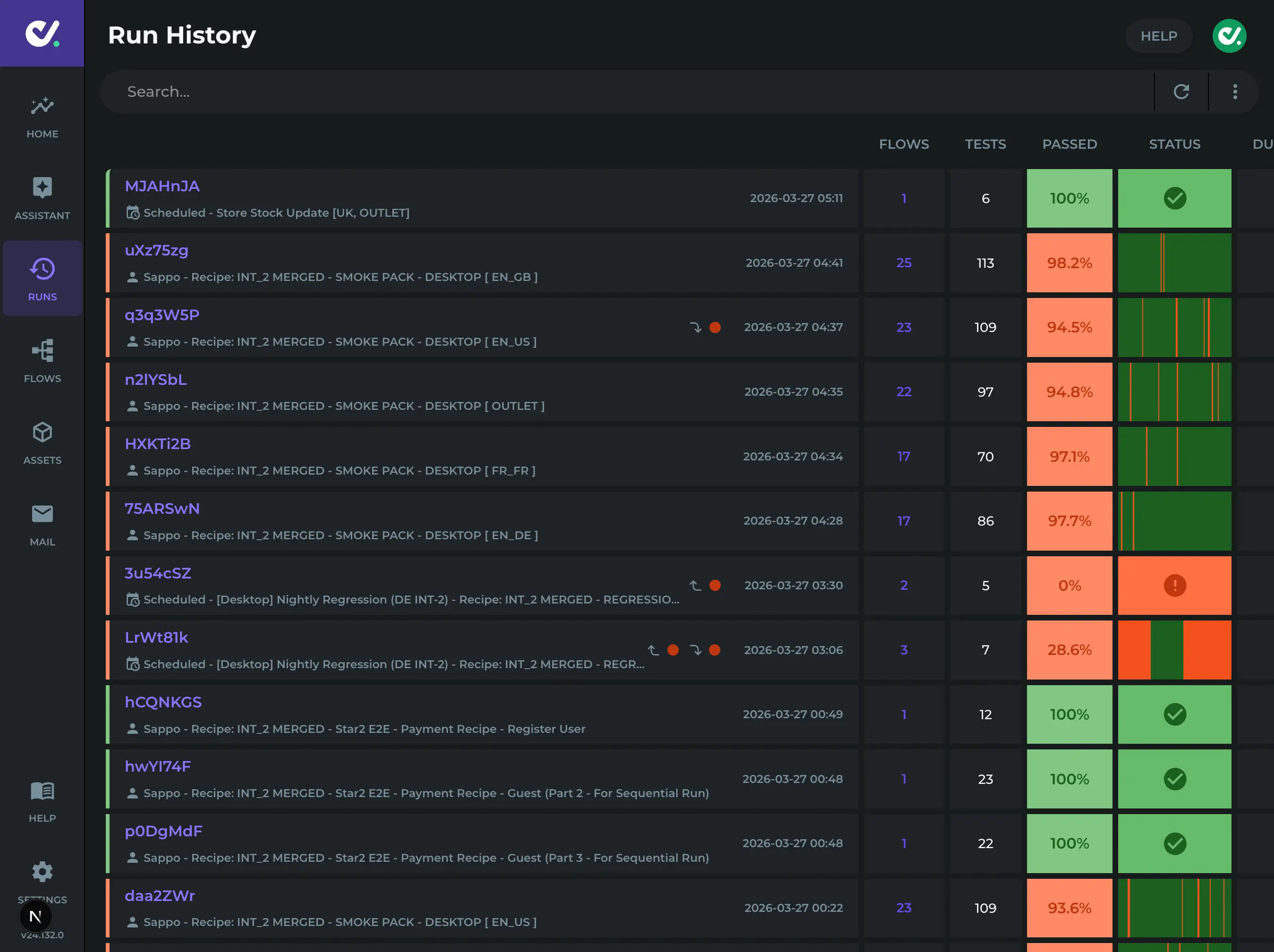Test run history view showing multiple runs with pass rates, status indicators, and trends across flows and test packs.