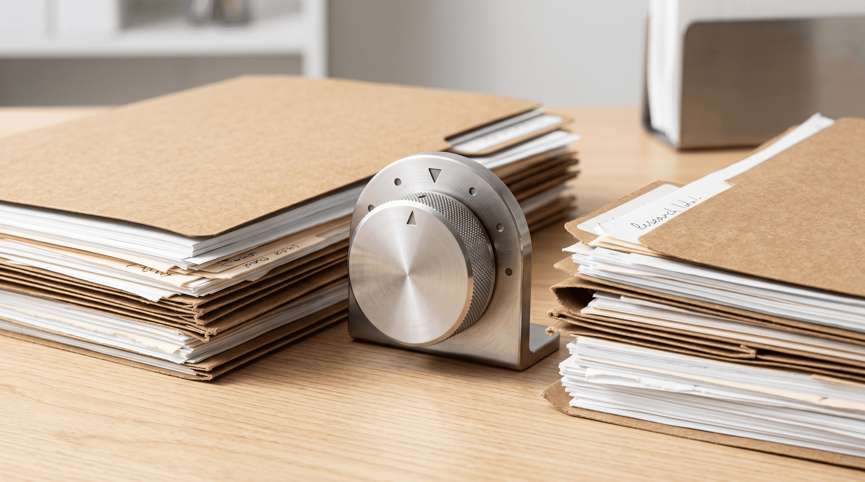 Model selector dial beside organized paper folders