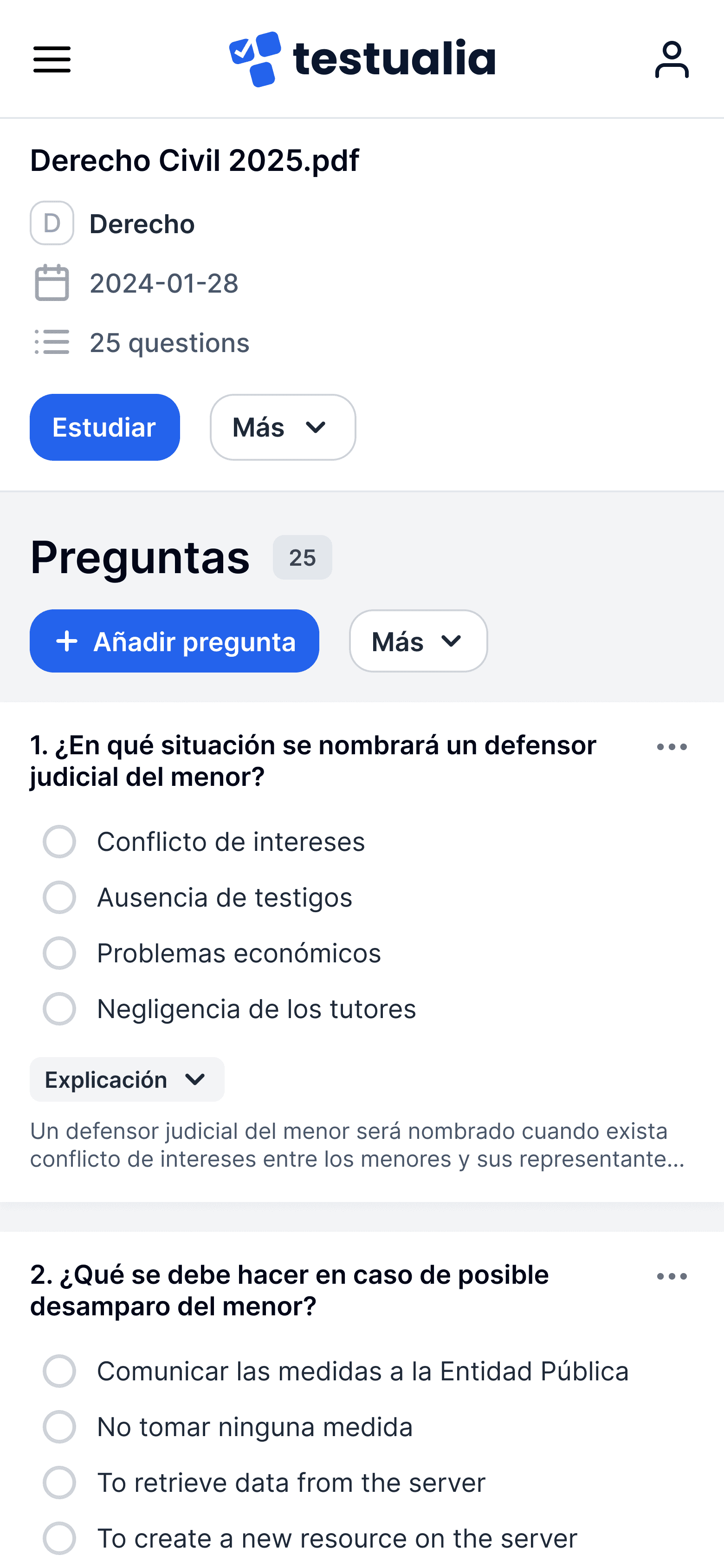 Interfaz en disporitivo móvil de Testualia, donde se observa cómo es un banco de preguntas generado
