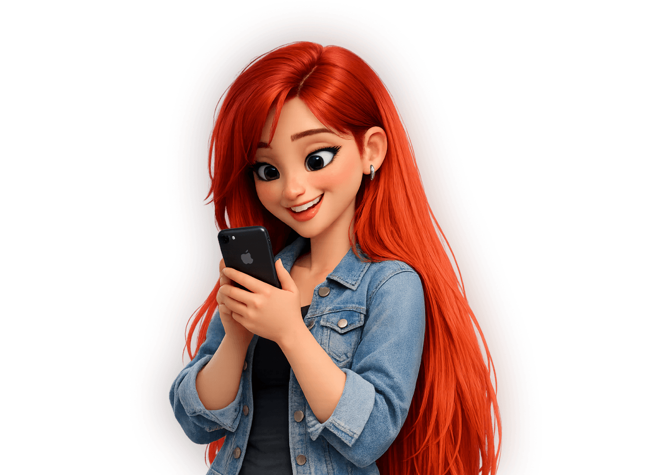 Smiling illustrated young woman with long red hair wearing a denim jacket, happily looking at her smartphone.