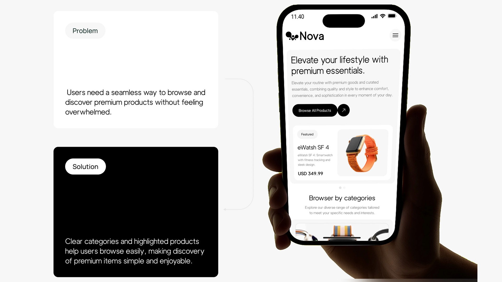 By identifying the pain point of user overwhelm, a mobile interface was designed centered on clarity. The solution uses highlighted product cards to make premium tech discovery simple and enjoyable for the user.