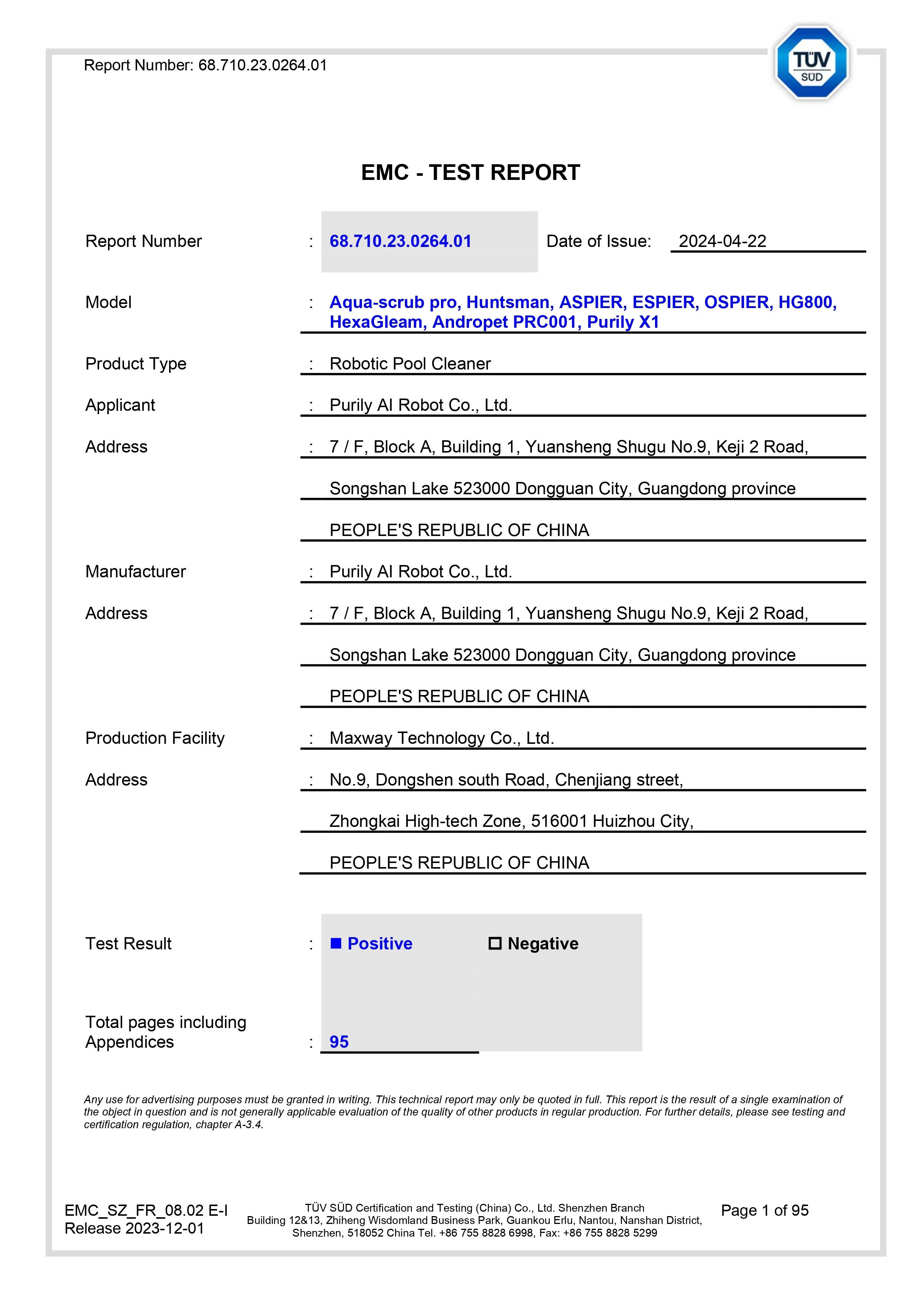 PURILY robotic pool cleaner European wireless compliance report
