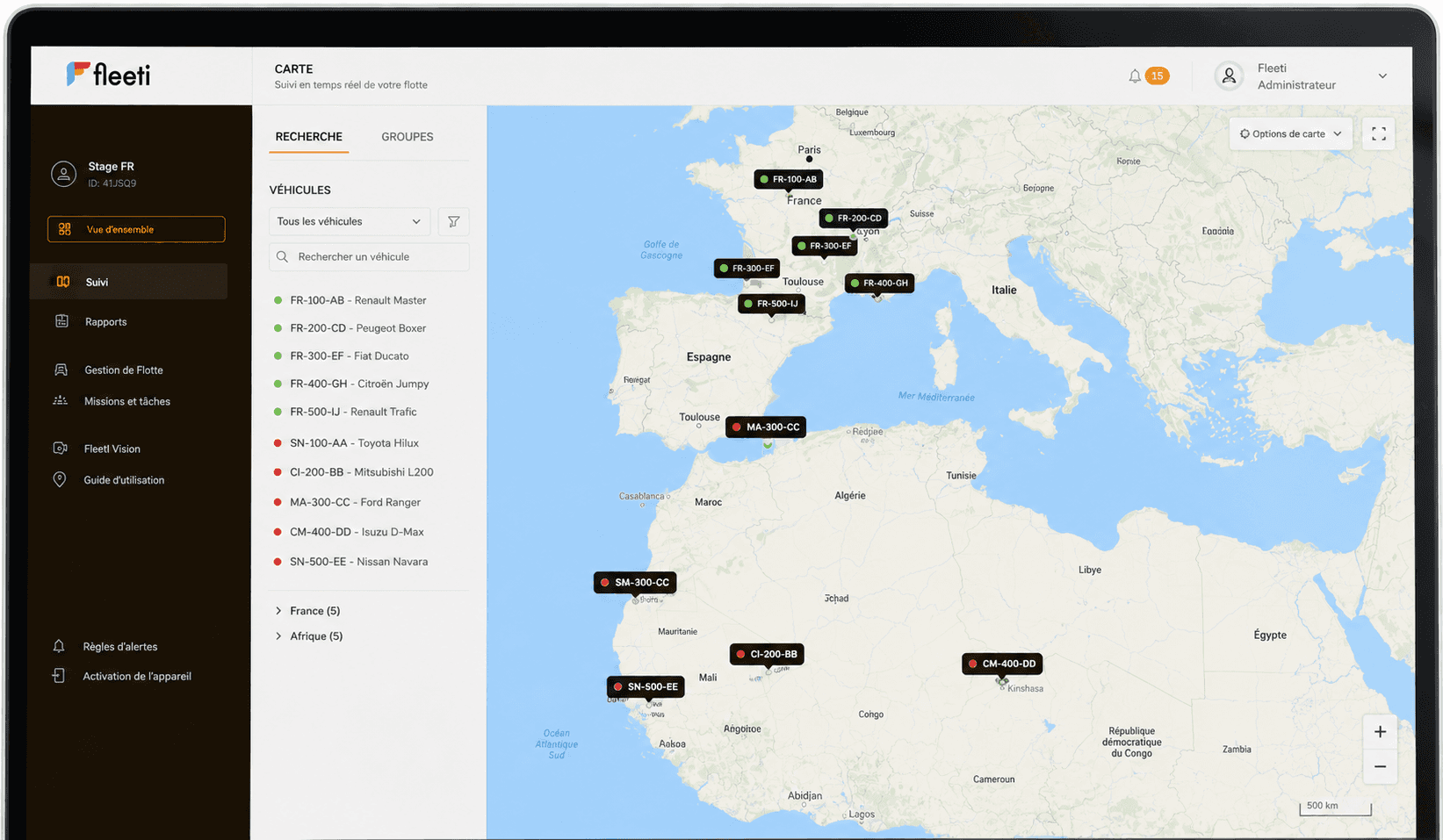 Plateforme de gestion de flotte Fleeti centralisant les véhicules de filiales européennes et africaines sur une interface unique