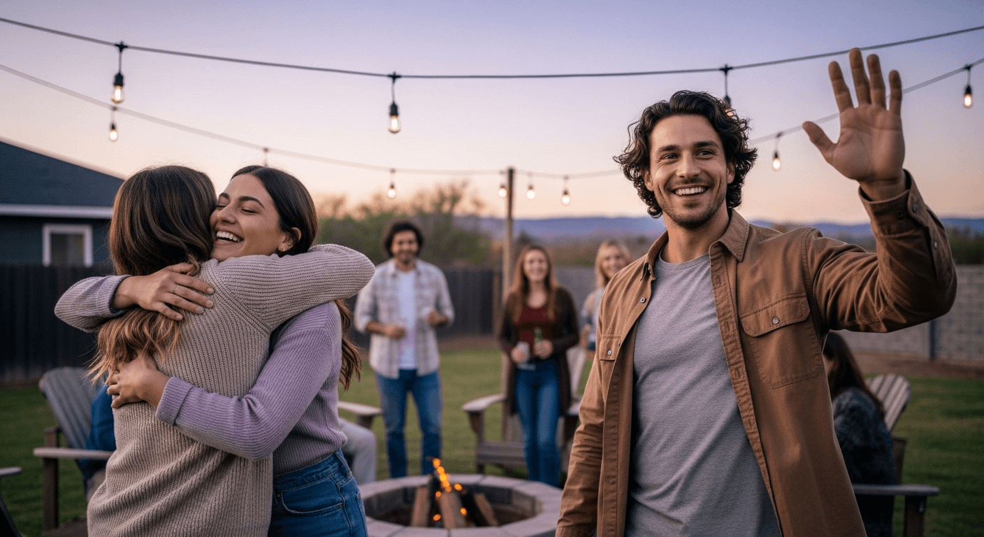 A couple greeting friends as they arrive at a casual backyard gathering near a firepit at dusk