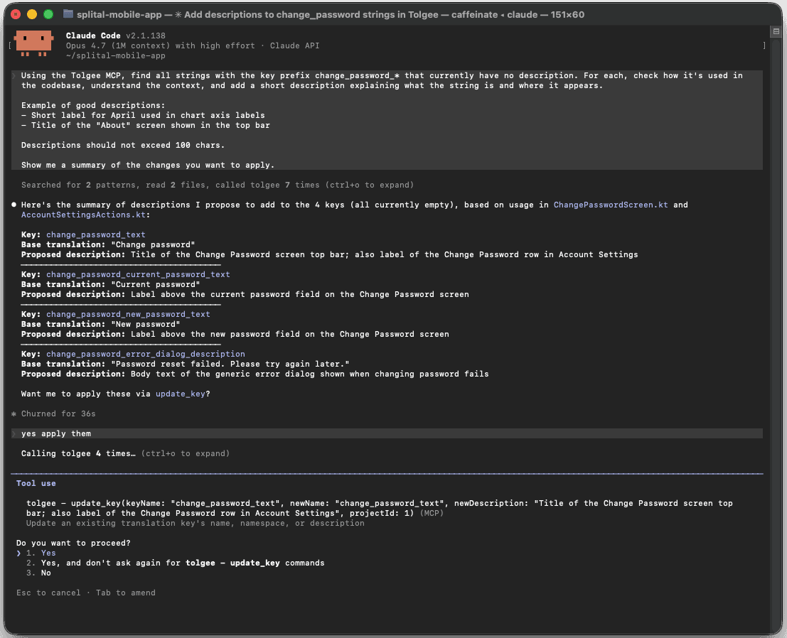 Claude Code managing Tolgee MCP. 