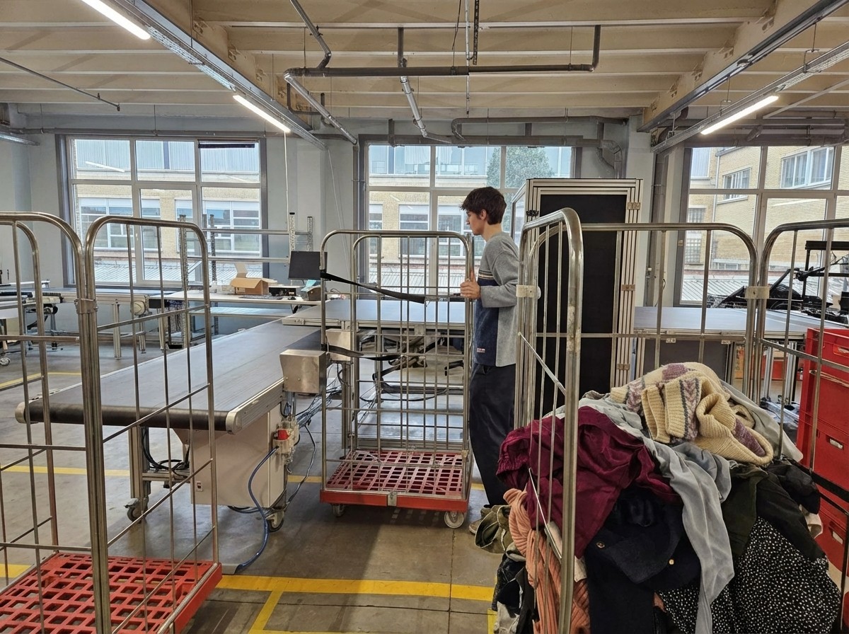 Trosort Co-founder Matthieu Brabant with the Sort Mate automated AI textile grading & sorting machine, as featured in L'Echo for solving EU textile sorting bottlenecks.