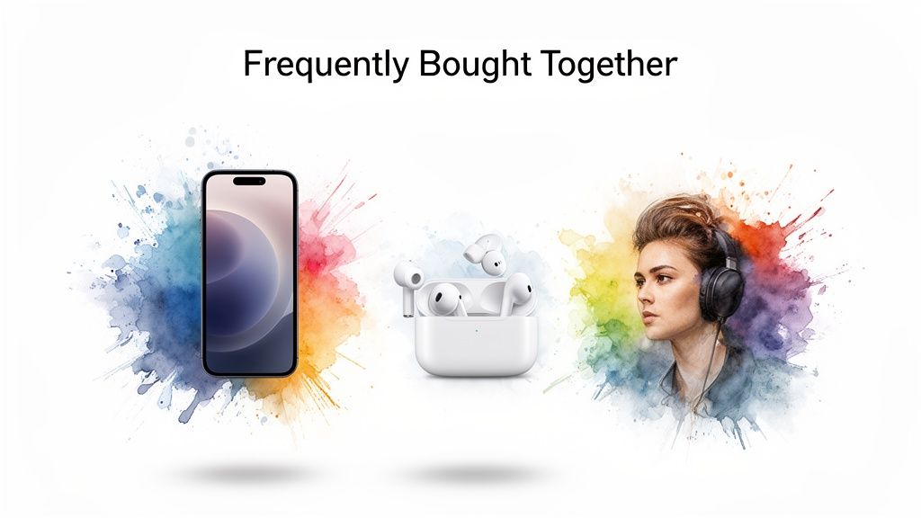 A smartphone, wireless earbuds, and a person wearing headphones, symbolizing frequently bought tech items.